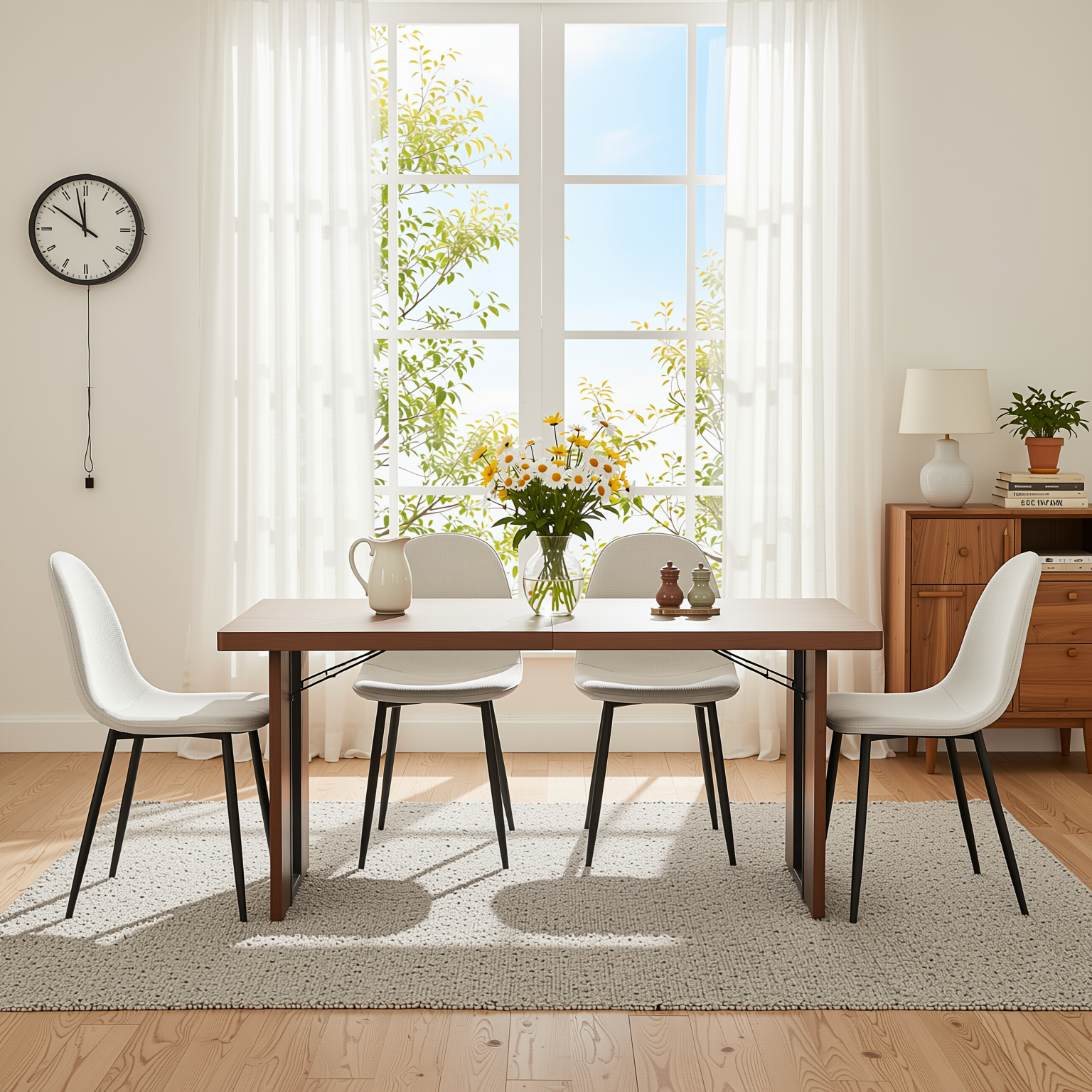 Homy Casa SORIAN + CHARLTON 5PC Dining Set 63" Table with 4 Beige Barrel Fabric Chairs, Black Metal Legs