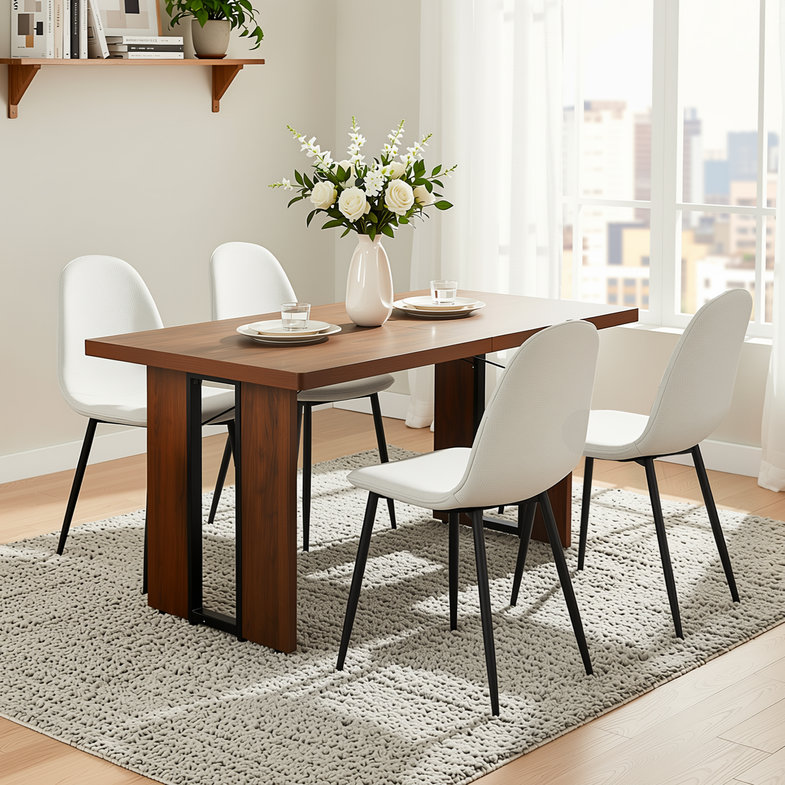 Homy Casa SORIAN + CHARLTON 5PC Dining Set 63" Table with 4 Beige Barrel Fabric Chairs, Black Metal Legs