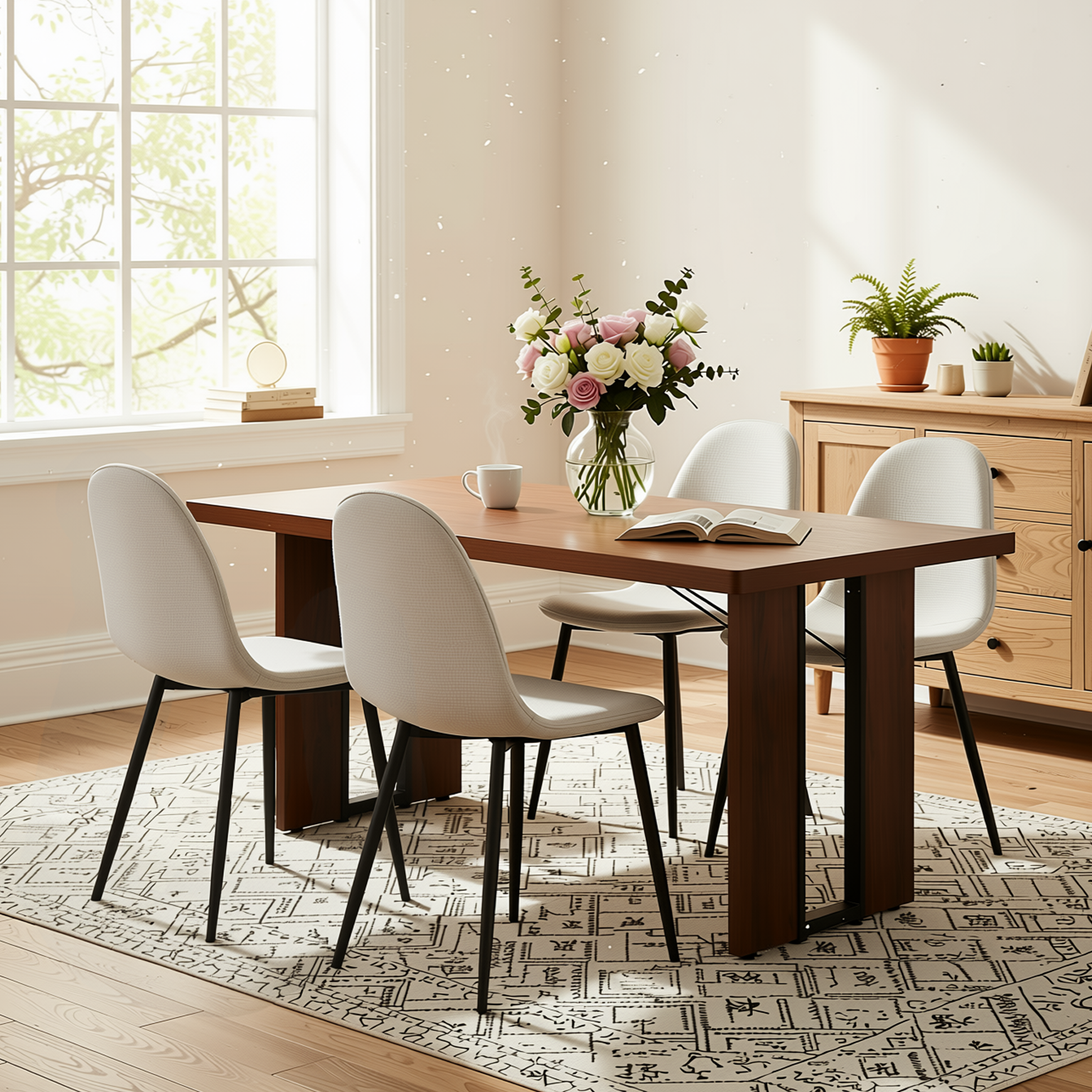 Homy Casa SORIAN + CHARLTON 5PC Dining Set 63" Table with 4 Beige Barrel Fabric Chairs, Black Metal Legs