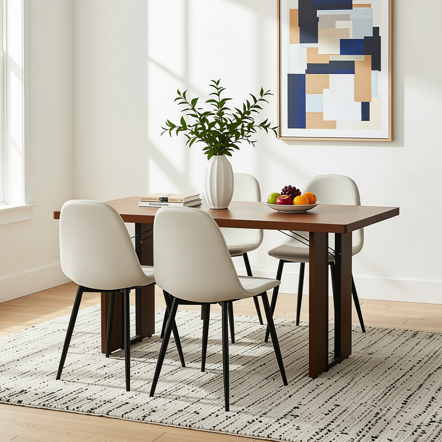 Homy Casa SORIAN + CHARLTON 5PC Dining Set 63" Table with 4 Khaki Fabric Chairs in Black Metal