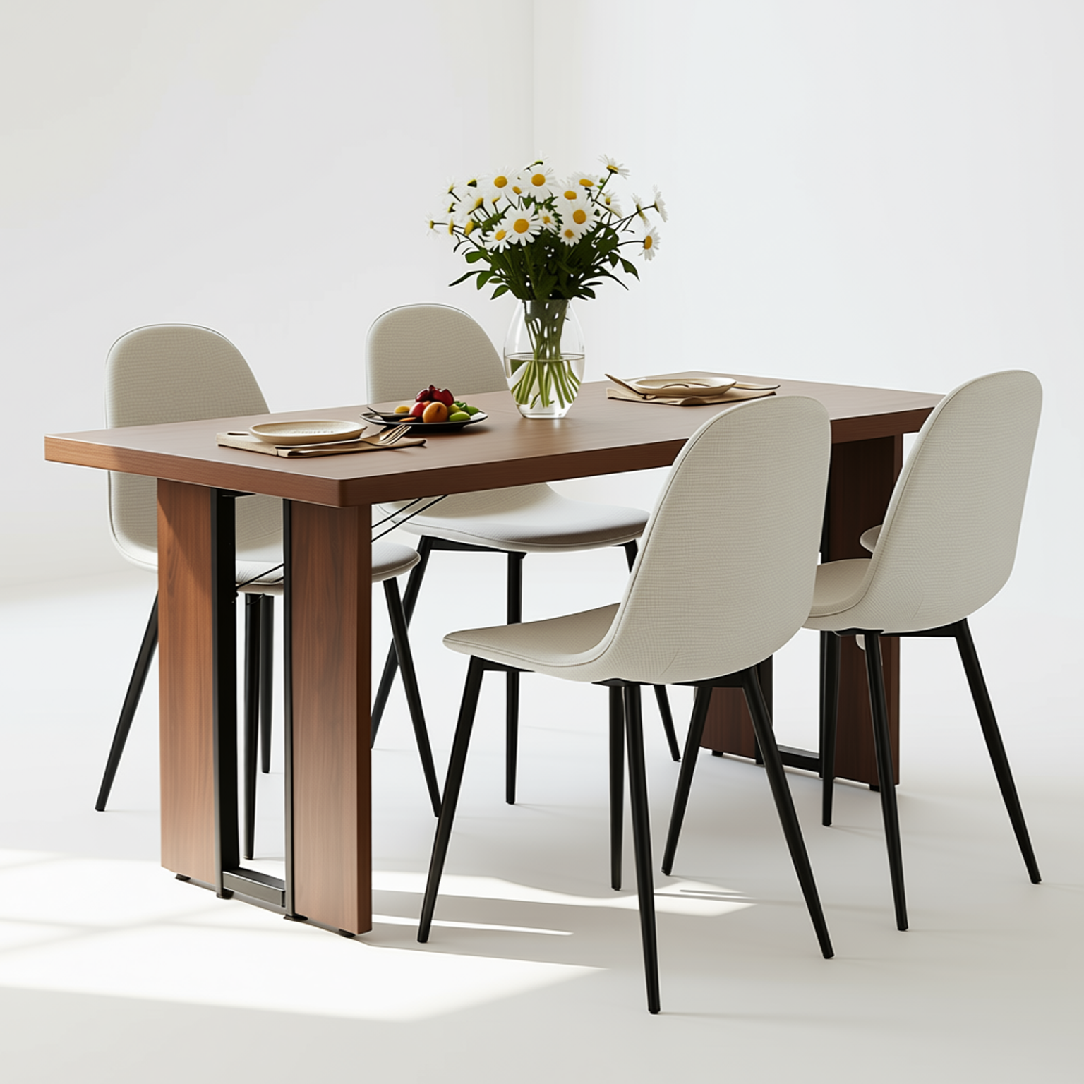 Homy Casa SORIAN + CHARLTON 5PC Dining Set 63" Table with 4 Khaki Fabric Chairs in Black Metal
