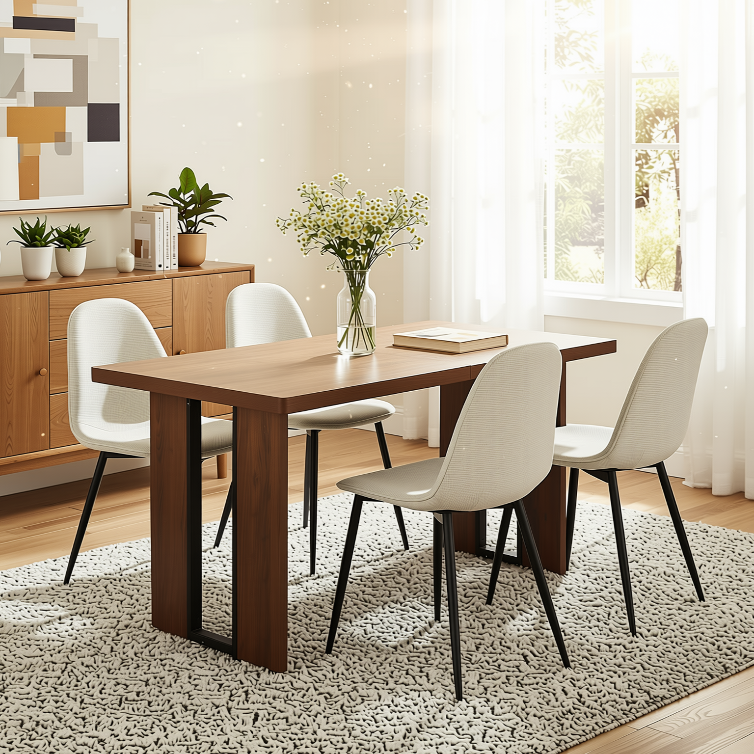 Homy Casa SORIAN + CHARLTON 5PC Dining Set 63" Table with 4 Khaki Fabric Chairs in Black Metal