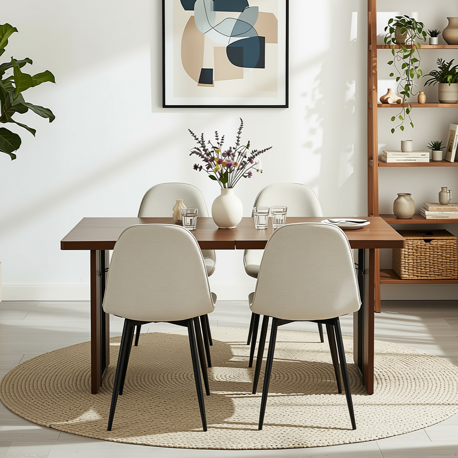 Homy Casa SORIAN + CHARLTON 5PC Dining Set 63" Table with 4 Khaki Fabric Chairs in Black Metal