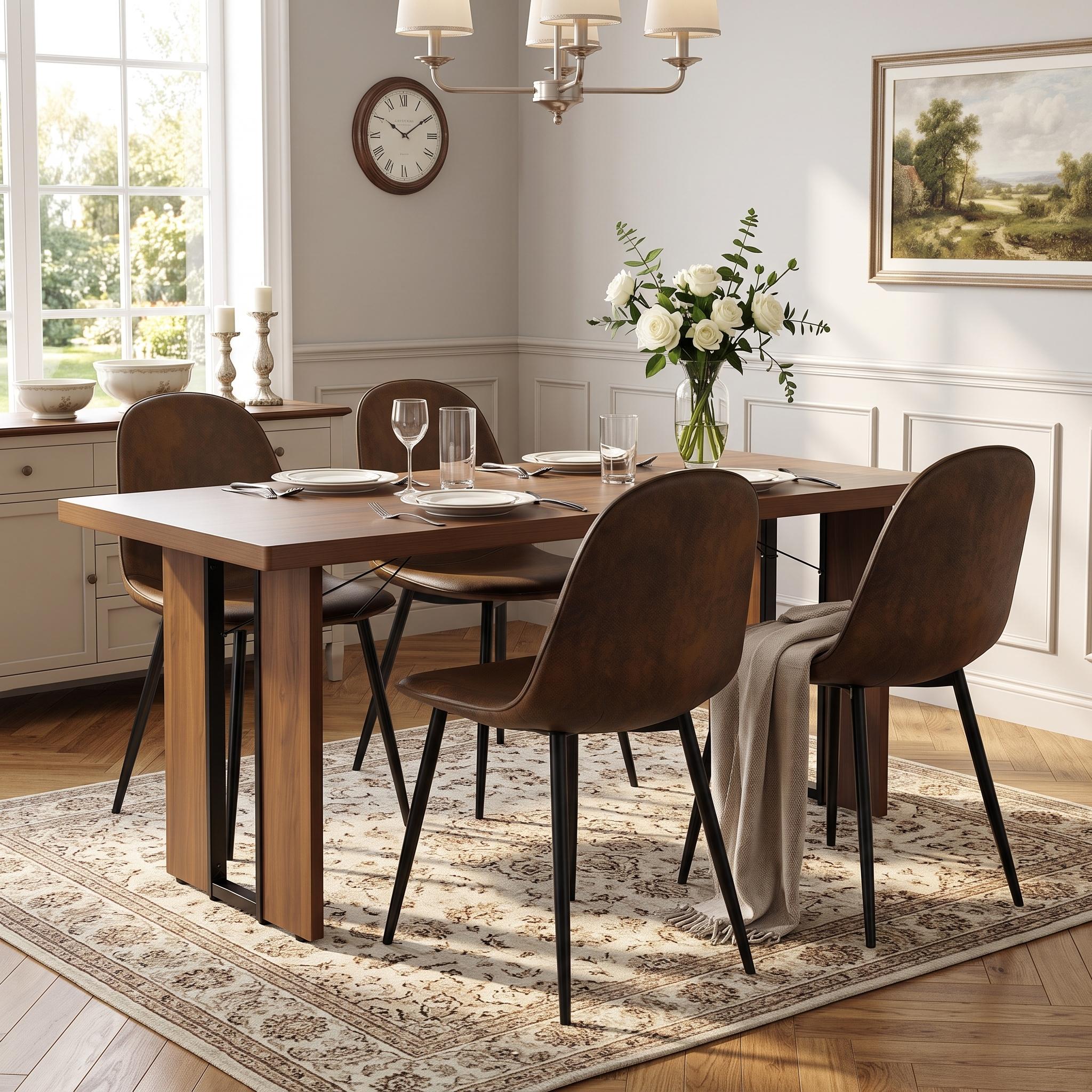 Homy Casa SORIAN+CHARLTON 5PC Dining Set 63" Rectangular Table with 4 Brown Suede Upholstered Chairs
