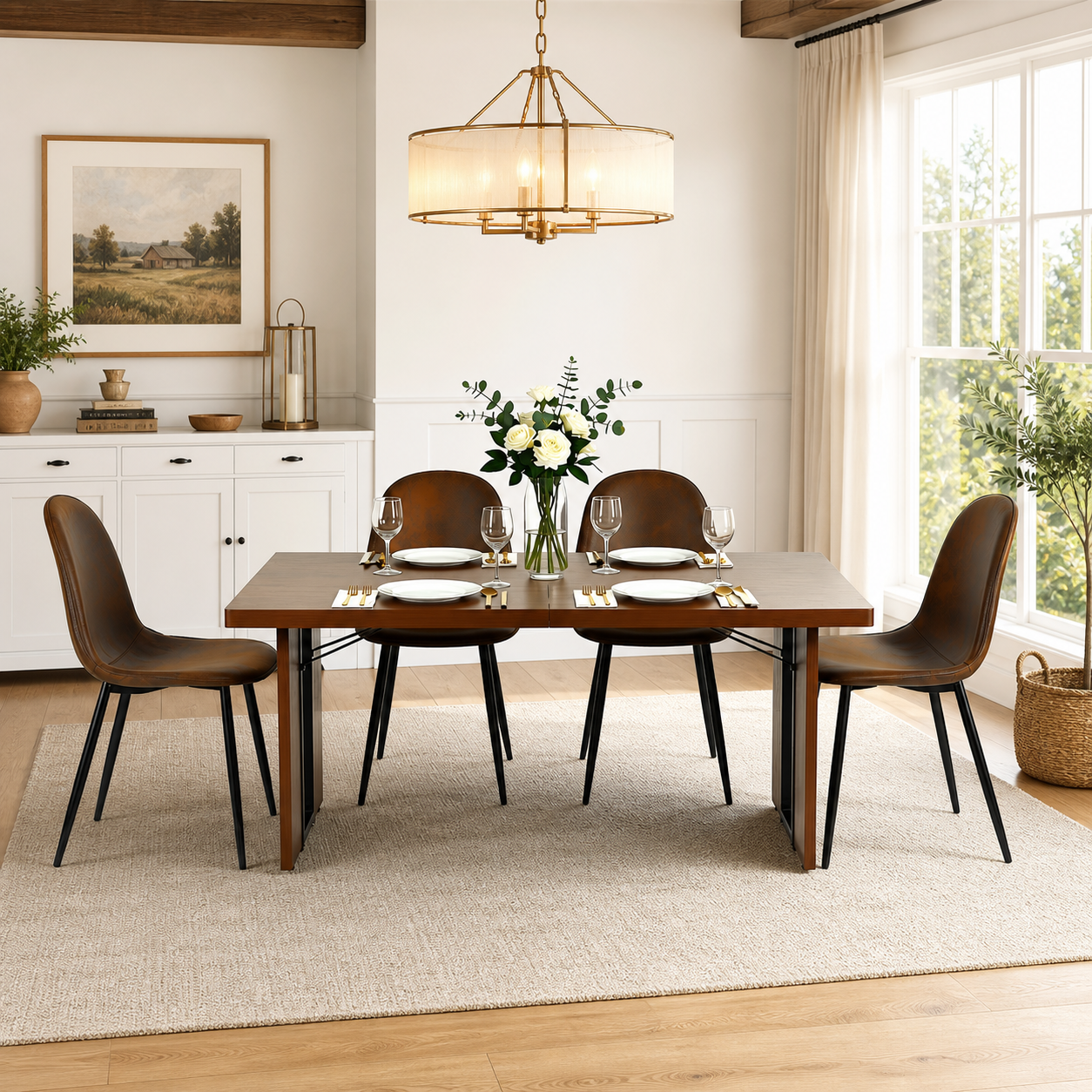 Homy Casa SORIAN+CHARLTON 5PC Dining Set 63" Rectangular Table with 4 Brown Suede Upholstered Chairs