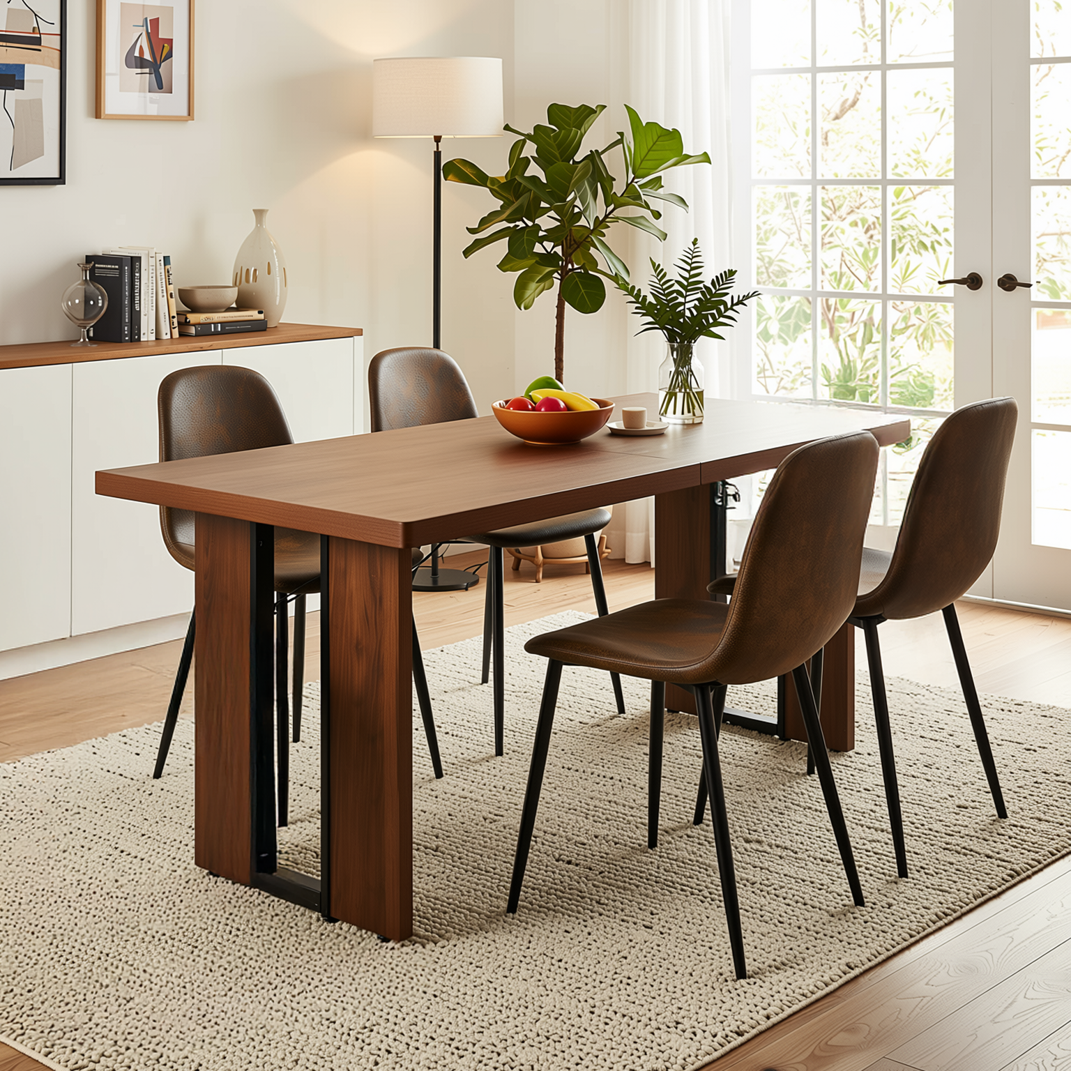 Homy Casa Sorian+Charlton 5PC Dining Set 63" Rectangular Table with Suede Brown Upholstered Chairs