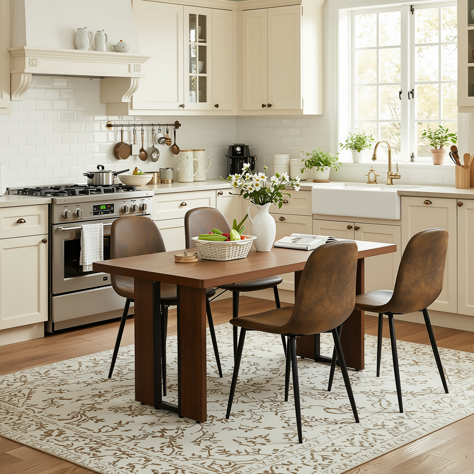Homy Casa Sorian+Charlton 5PC Dining Set 63" Rectangular Table with Suede Brown Upholstered Chairs