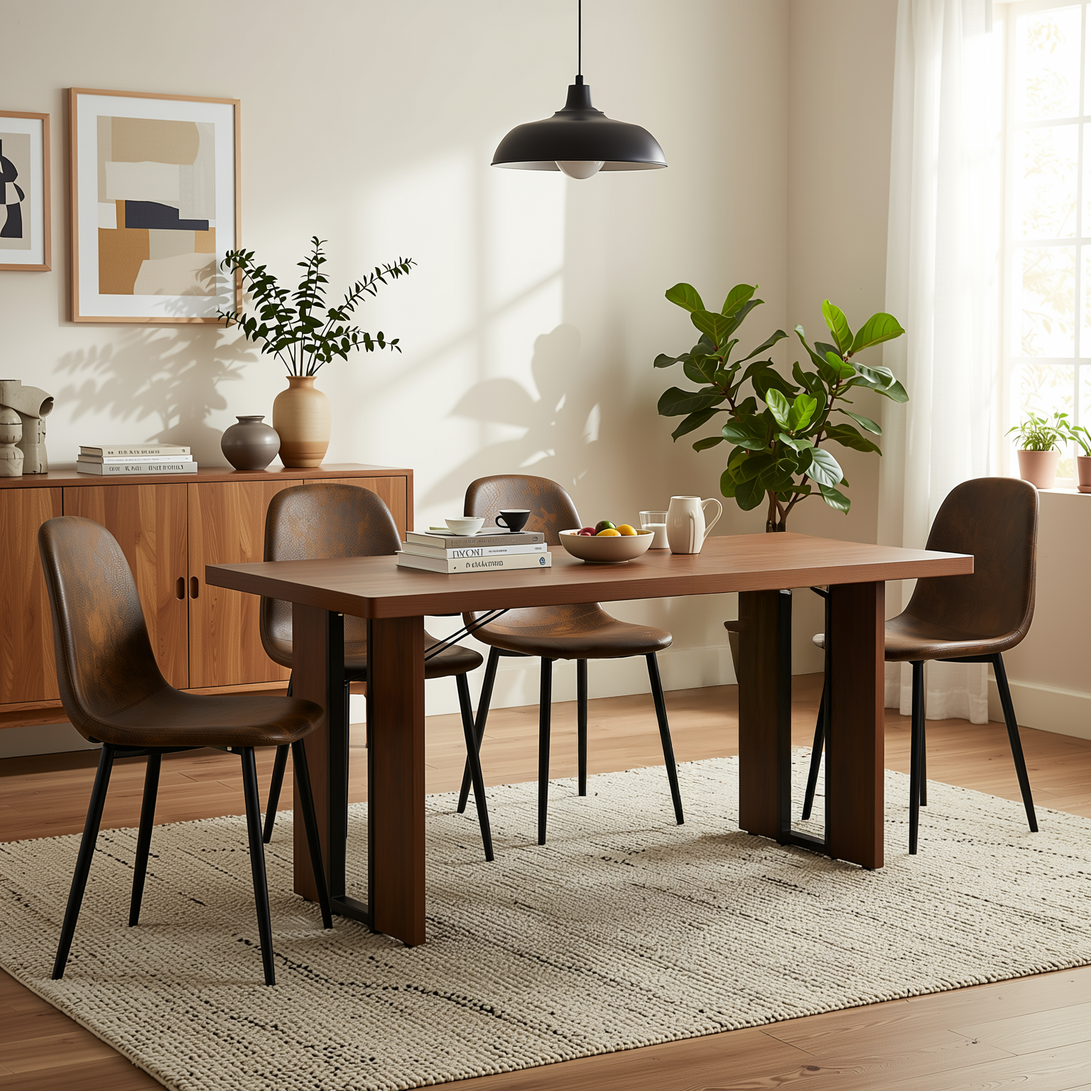 Homy Casa Sorian+Charlton 5PC Dining Set 63" Rectangular Table with Suede Brown Upholstered Chairs