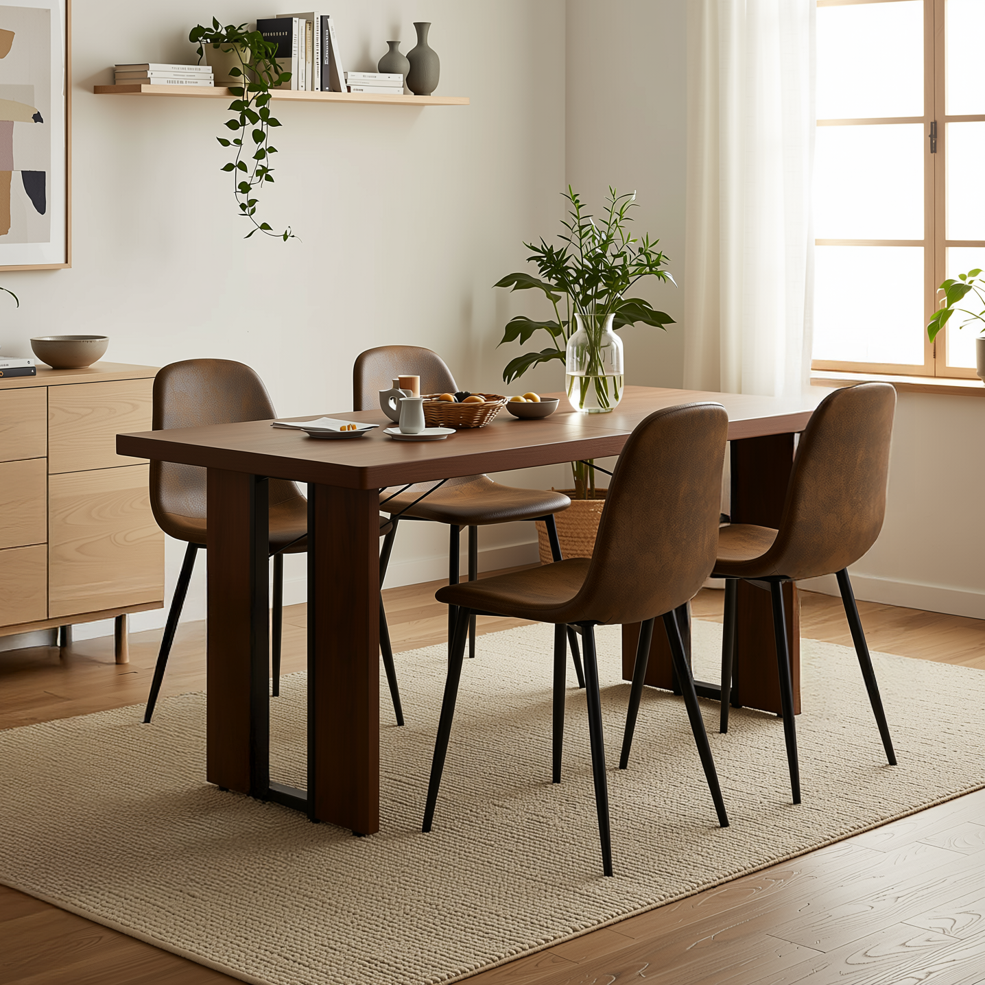 Homy Casa Sorian+Charlton 5PC Dining Set 63" Rectangular Table with Suede Brown Upholstered Chairs
