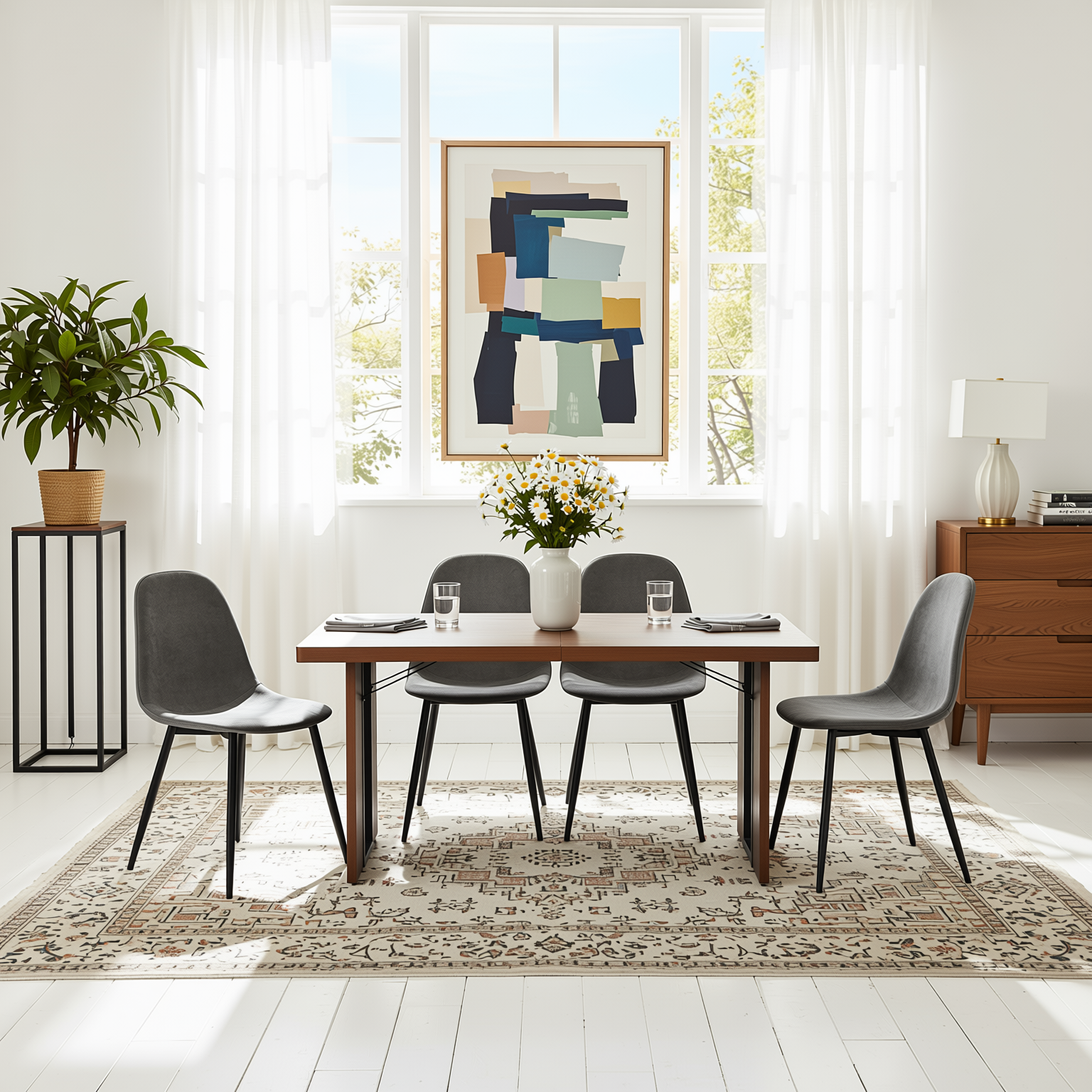 Homy Casa SORIAN + CHARLTON 5PC Dining Set 63" Table with 4 Grey Terry Fabric Chairs, Black Metal Legs
