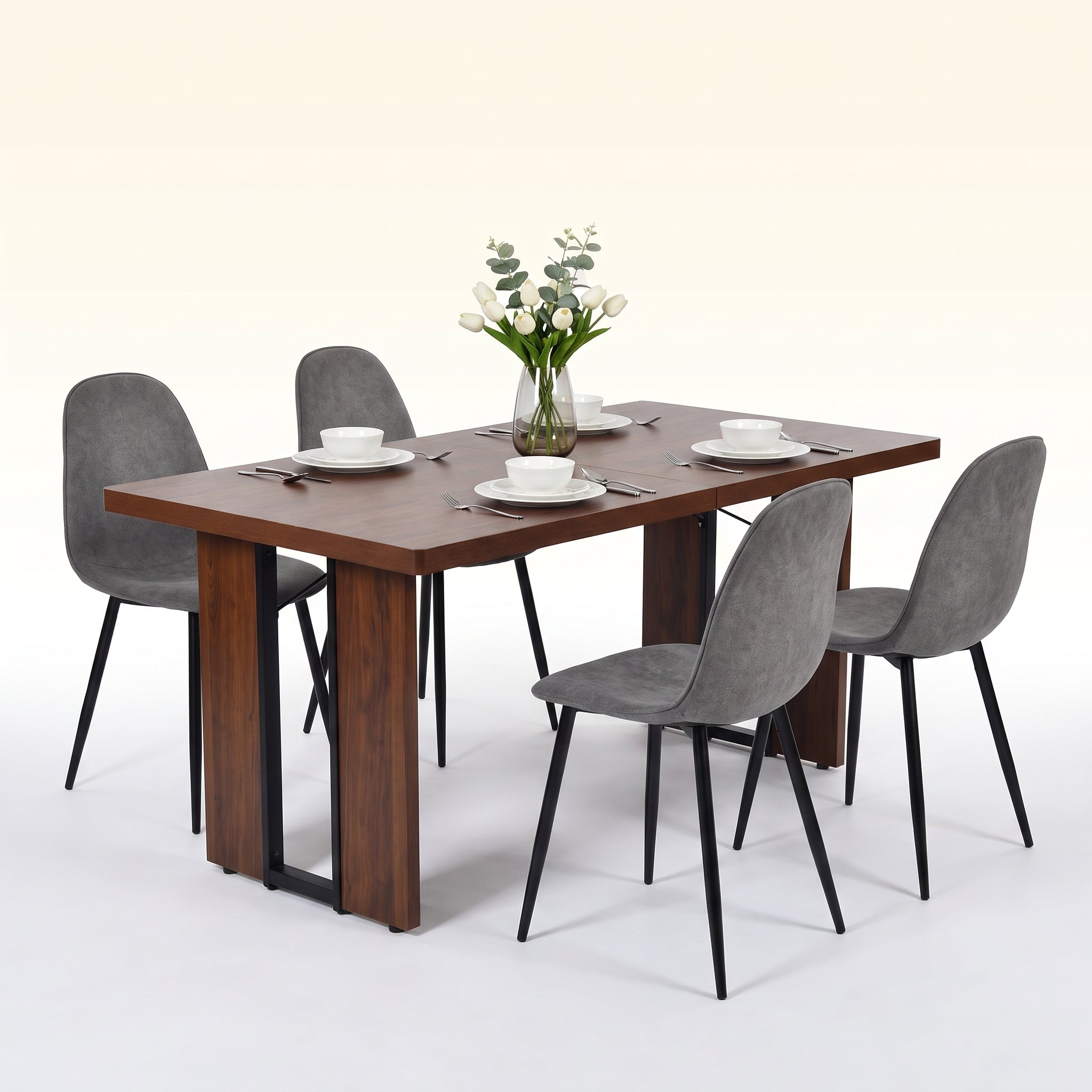 Homy Casa SORIAN + CHARLTON 5PC Dining Set 63" Table with 4 Grey Terry Fabric Chairs, Black Metal Legs