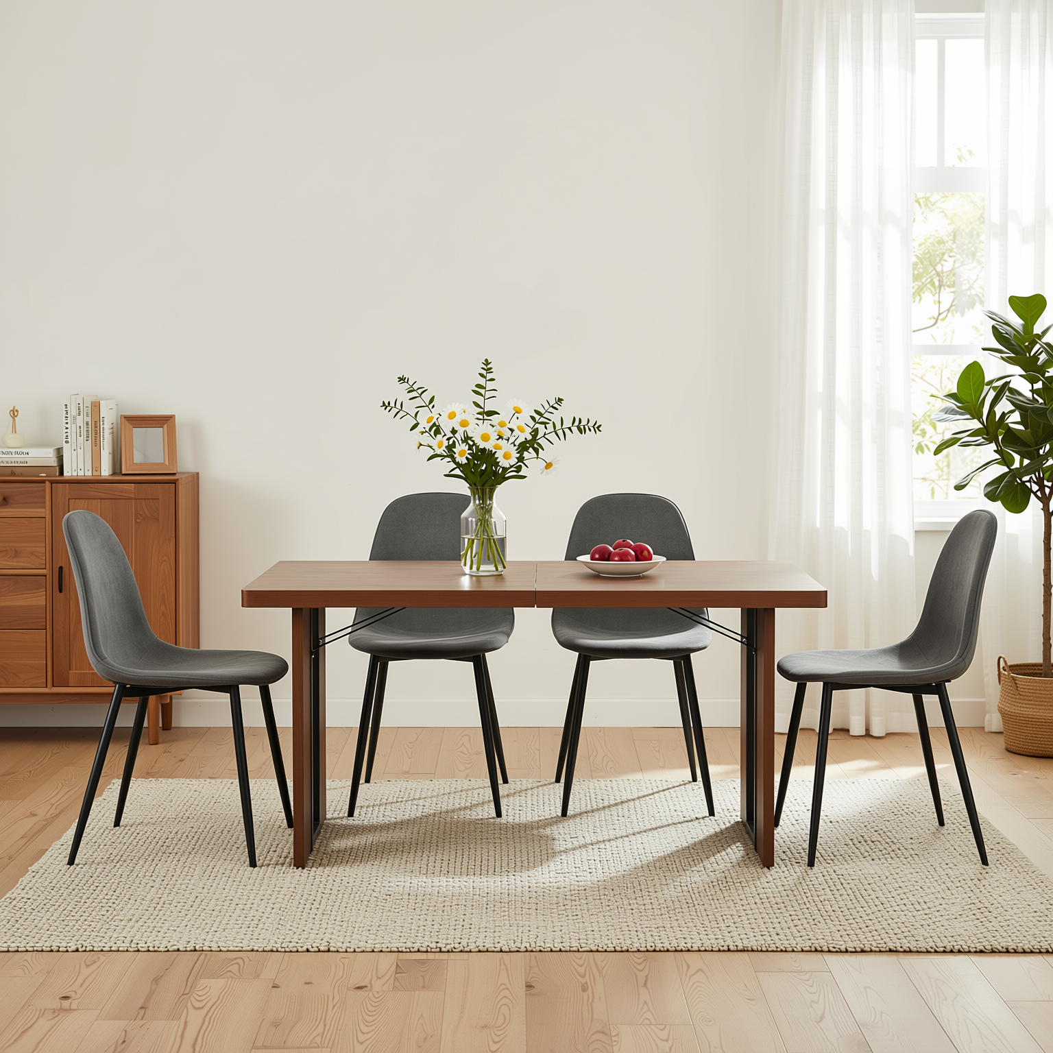 Homy Casa SORIAN + CHARLTON 5PC Dining Set 63" Table with 4 Grey Terry Fabric Chairs, Black Metal Legs