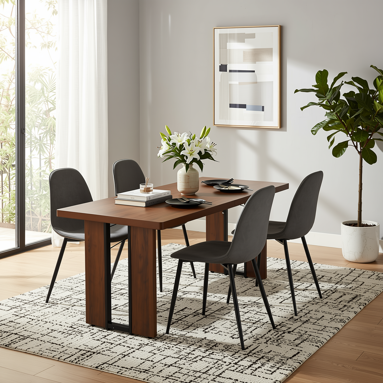 Homy Casa SORIAN + CHARLTON 5PC Dining Set 63" Table with 4 Grey Terry Fabric Chairs, Black Metal Legs
