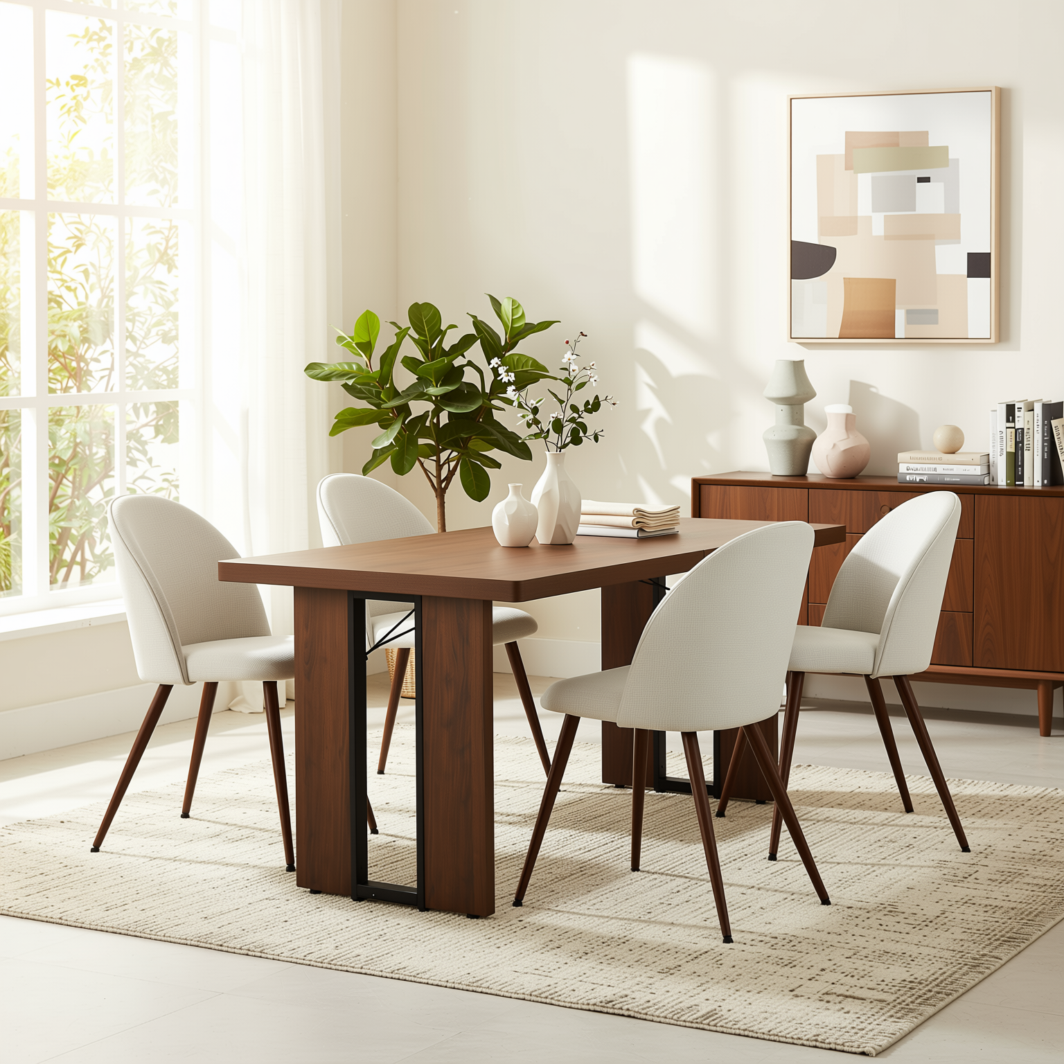 Homy Casa Sorian+Haven 5PC Dining Set 63" Rectangular Table with Beige Fabric Upholstered Chairs