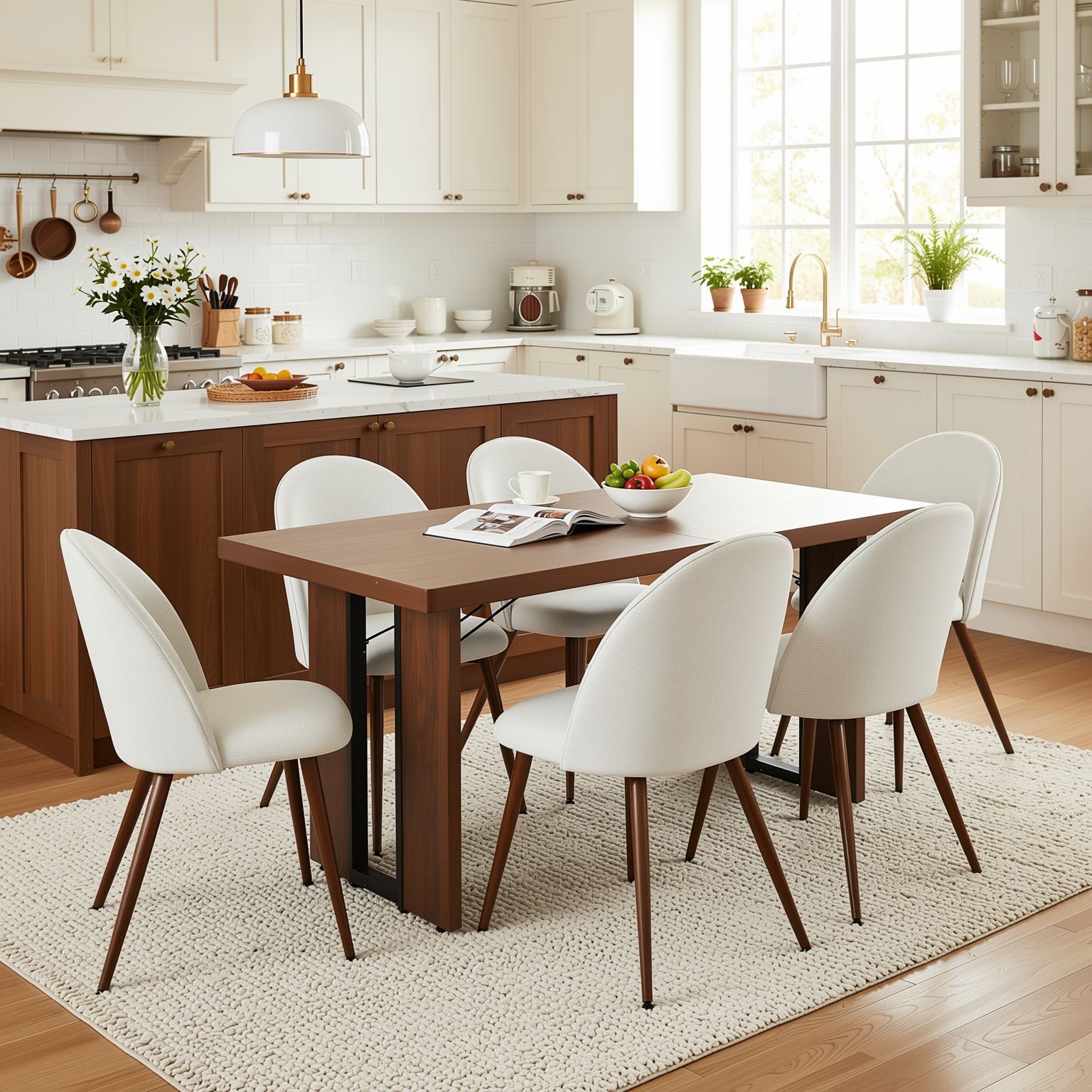Homy Casa Sorian+Haven 7PC Dining Set 63” Table with 6 Beige Fabric Chairs Walnut Finish