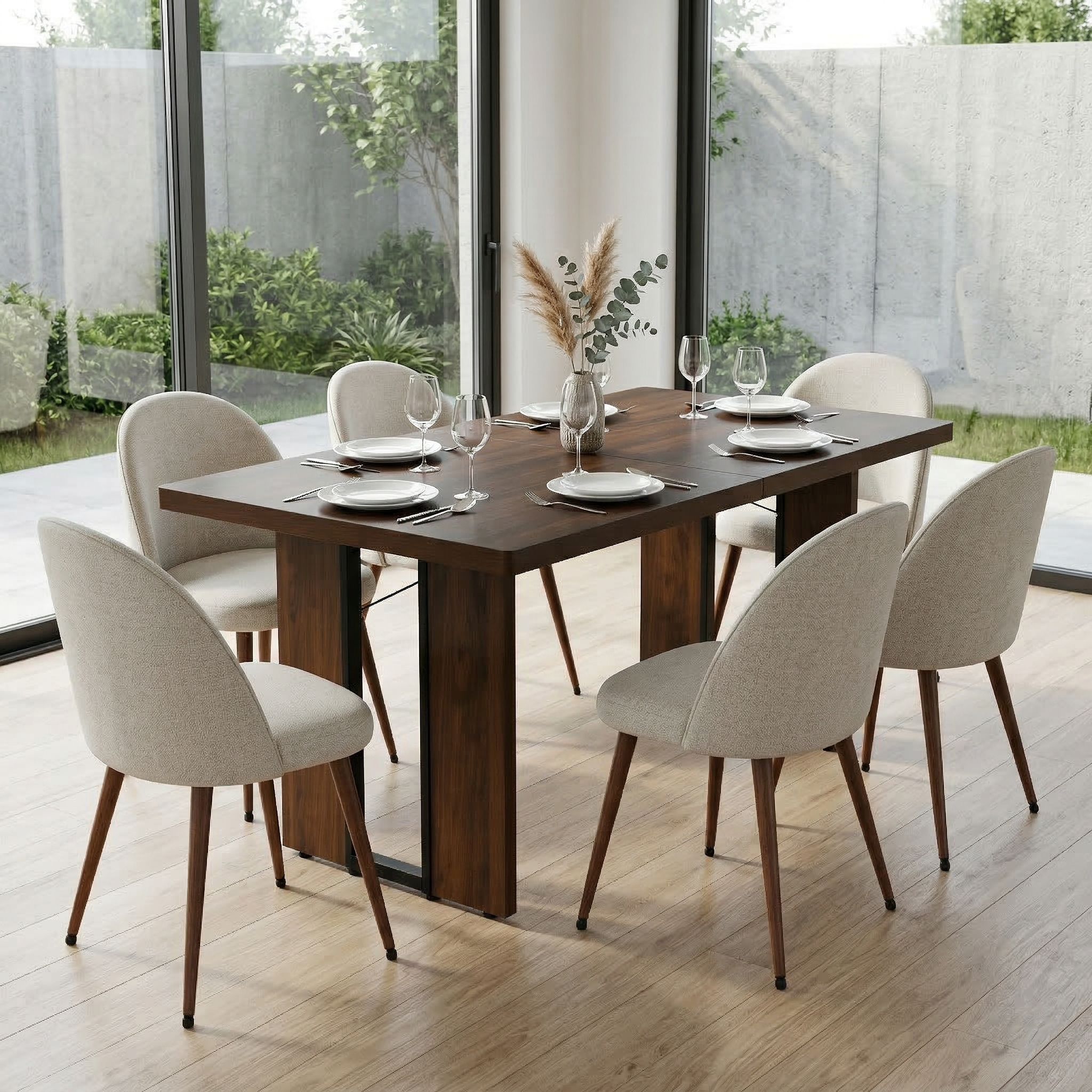 Homy Casa Sorian+Haven 7PC Dining Set 63” Table with 6 Beige Fabric Chairs Walnut Finish