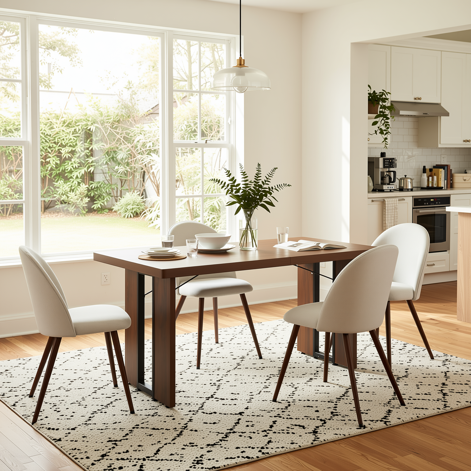 Homy Casa Sorian+Haven 5PC Dining Set 63" Rectangular Table with Beige Fabric Upholstered Chairs