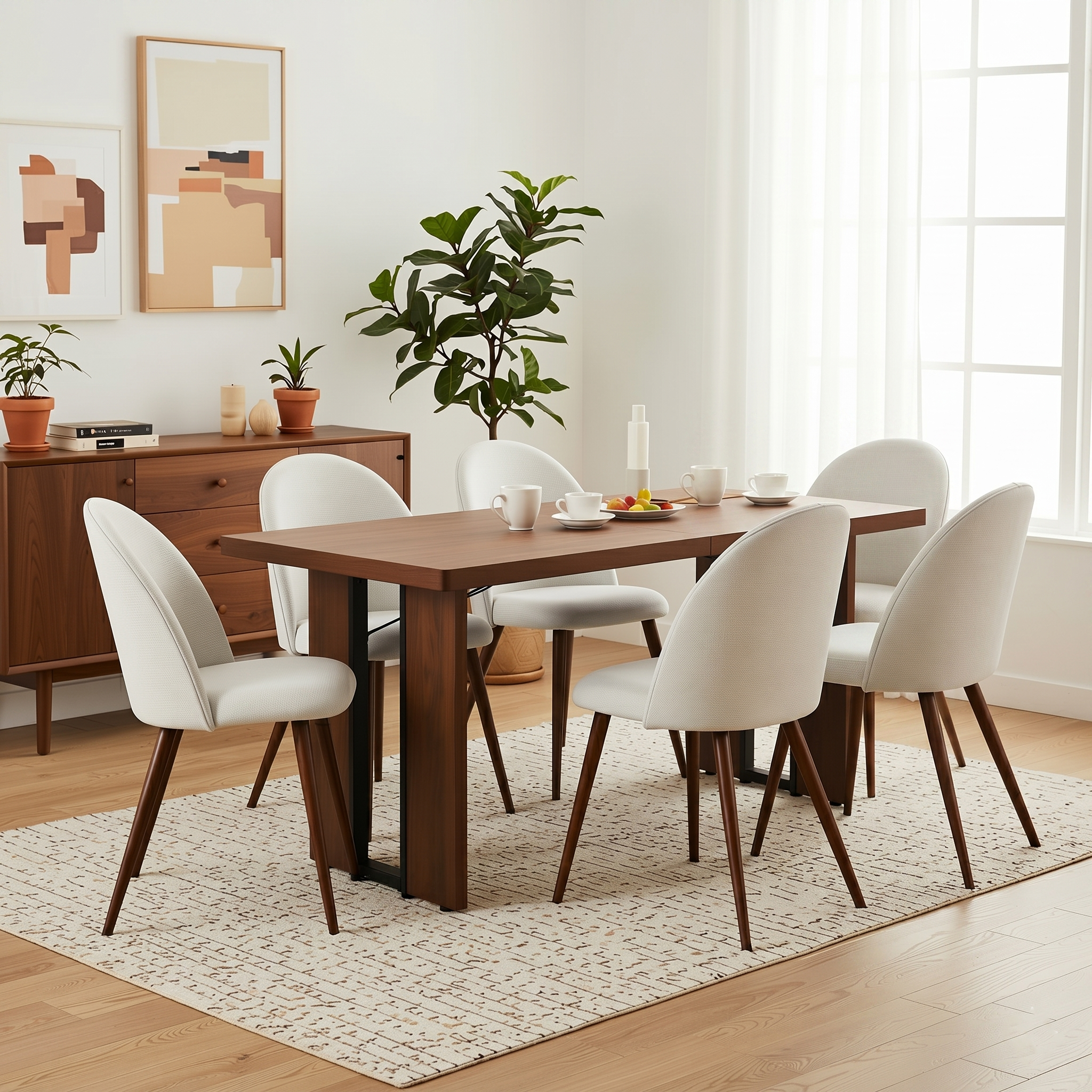 Homy Casa Sorian+Haven 7PC Dining Set 63” Table with 6 Beige Fabric Chairs Walnut Finish