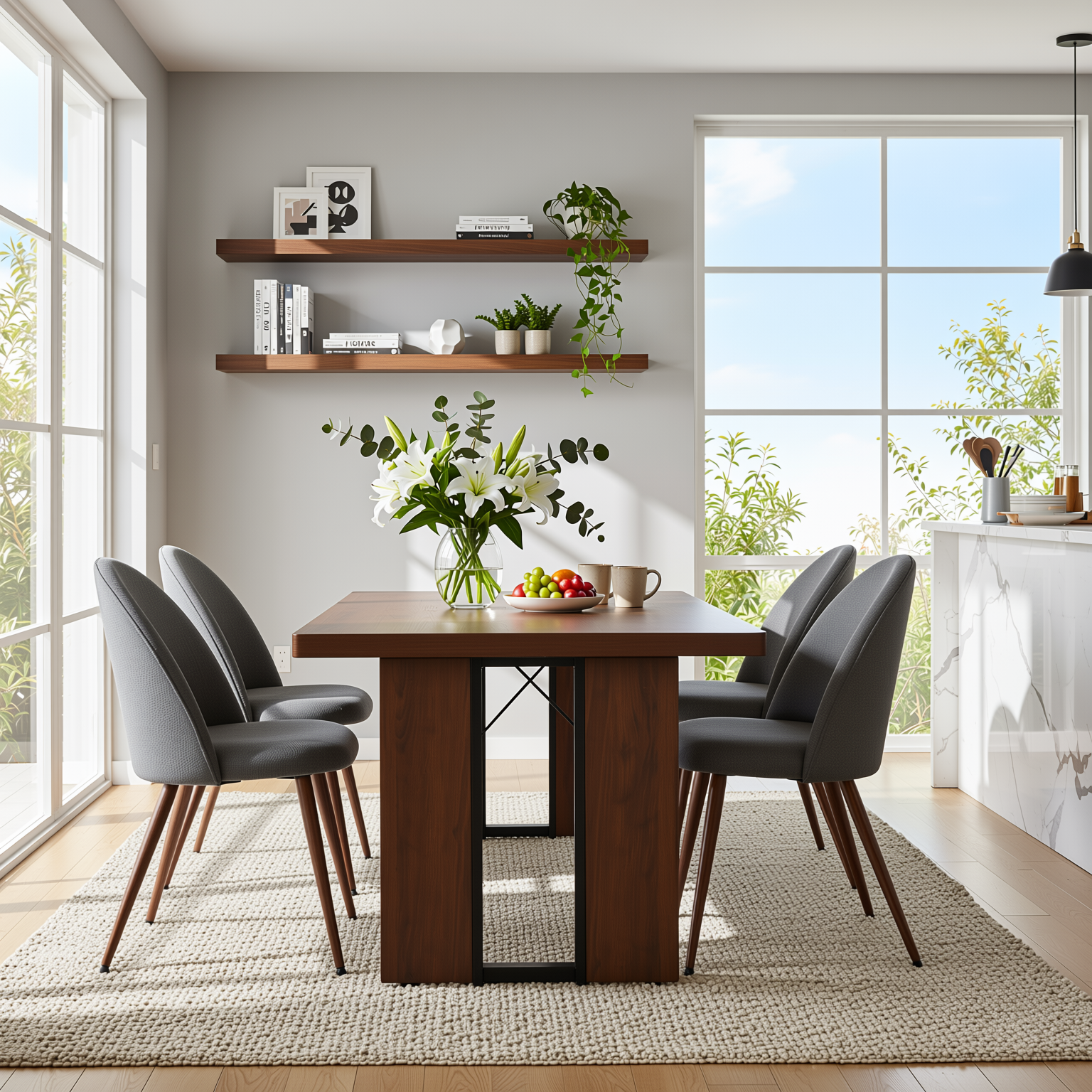 Homy Casa Sorian+Haven 5PC Dining Set 63" Table with 4 Grey Fabric Walnut-Leg Chairs