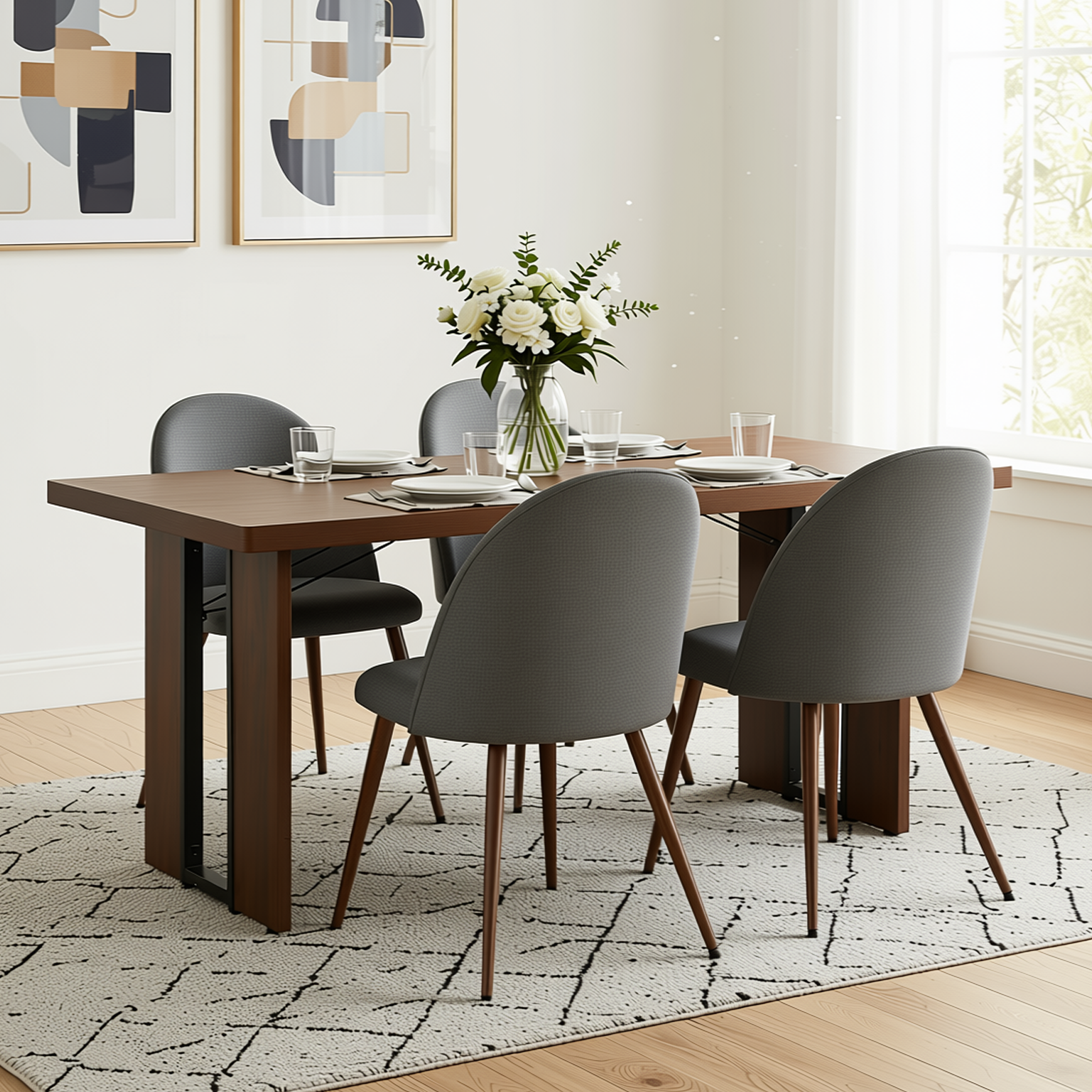Homy Casa Sorian+Haven 5PC Dining Set 63" Table with 4 Grey Fabric Walnut-Leg Chairs