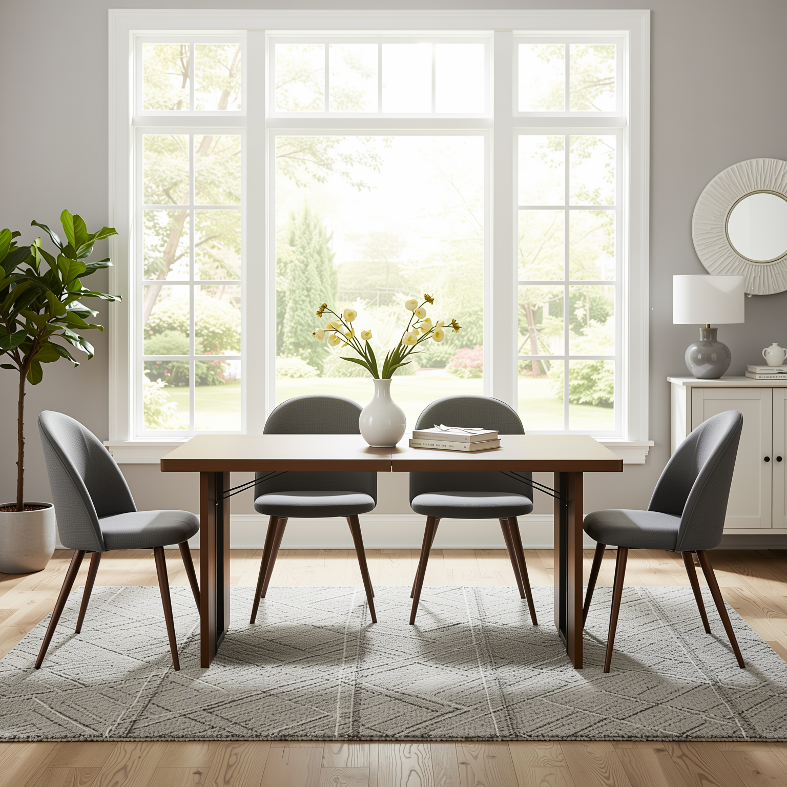 Homy Casa Sorian+Haven 5PC Dining Set 63" Table with 4 Grey Fabric Walnut-Leg Chairs