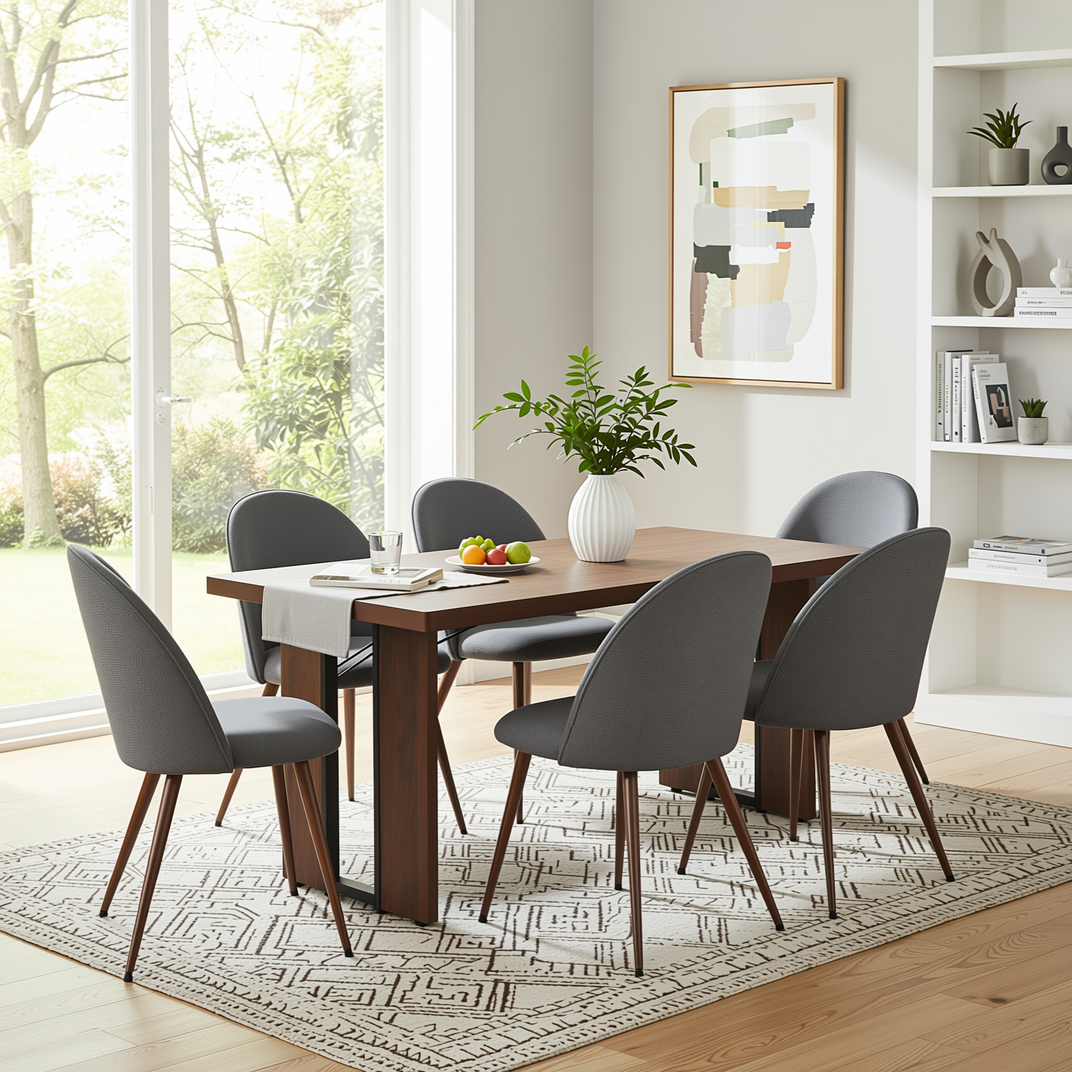 Homy Casa Sorian+Haven 7PC Dining Set 63" Table with 6 Grey Fabric Chairs Walnut Finish