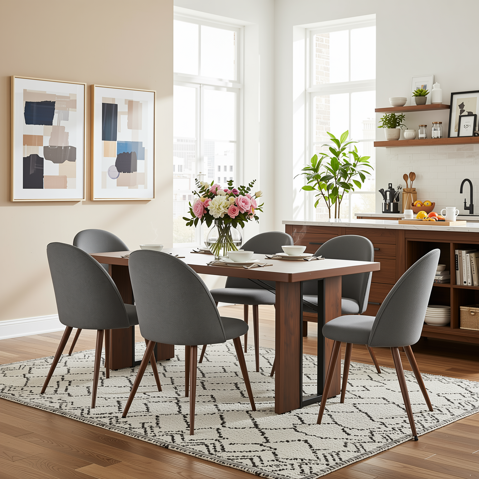 Homy Casa Sorian+Haven 7PC Dining Set 63" Table with 6 Grey Fabric Chairs Walnut Finish