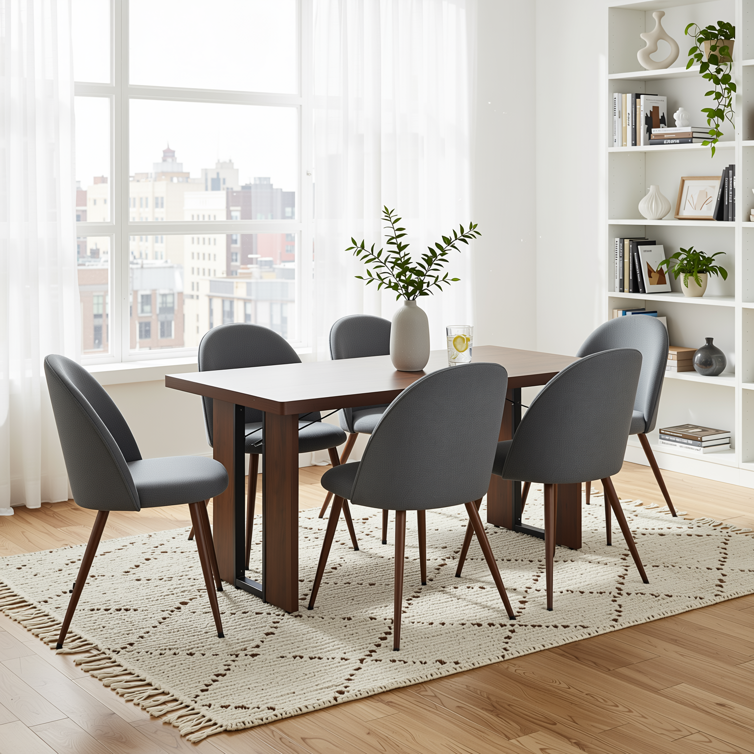 Homy Casa Sorian+Haven 7PC Dining Set 63" Table with 6 Grey Fabric Chairs Walnut Finish