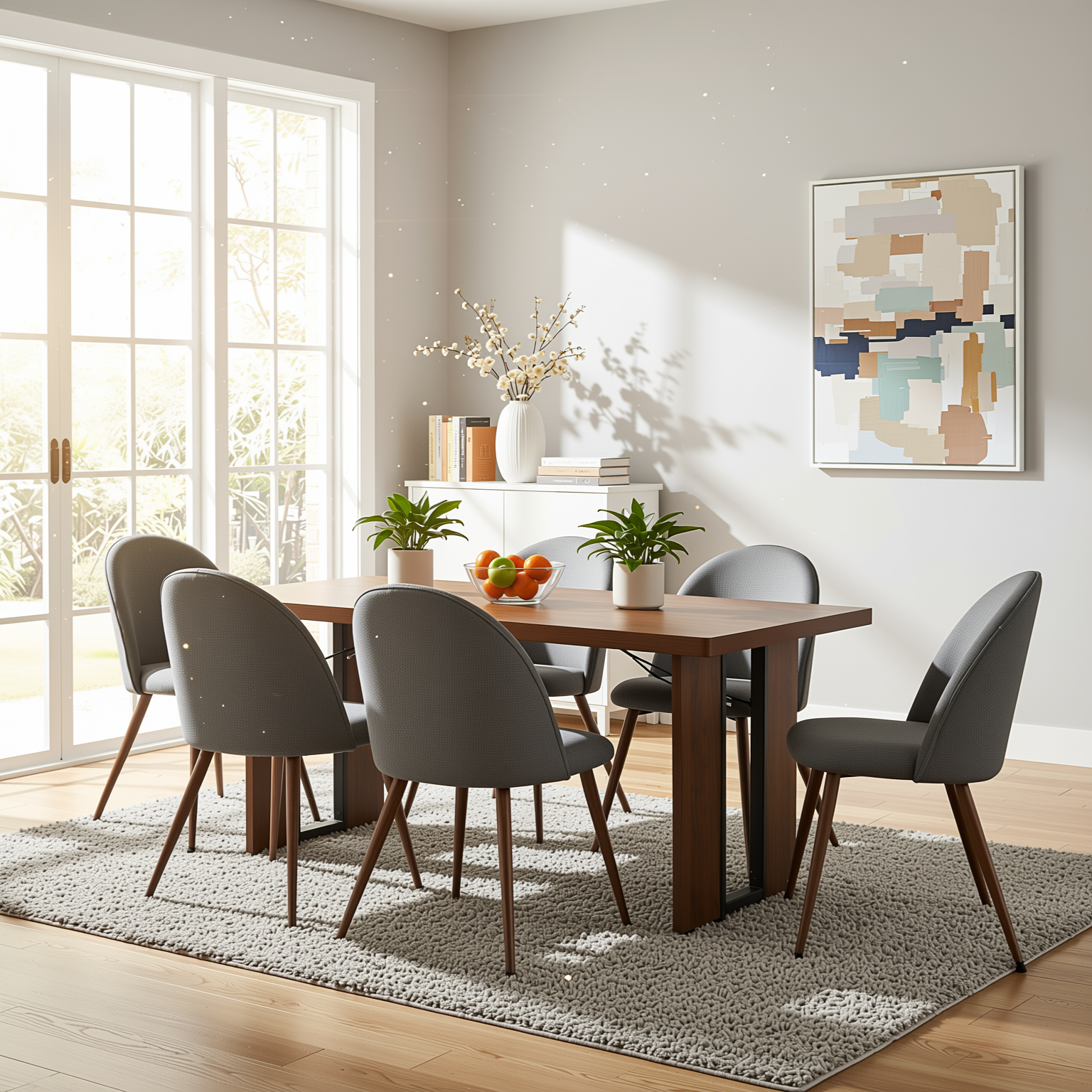Homy Casa Sorian+Haven 7PC Dining Set 63" Table with 6 Grey Fabric Chairs Walnut Finish