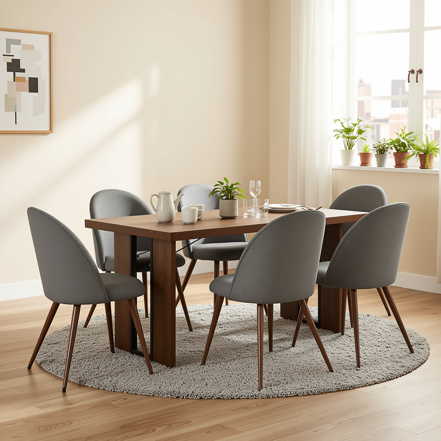 Homy Casa Sorian+Haven 7PC Dining Set 63" Table with 6 Grey Fabric Chairs Walnut Finish