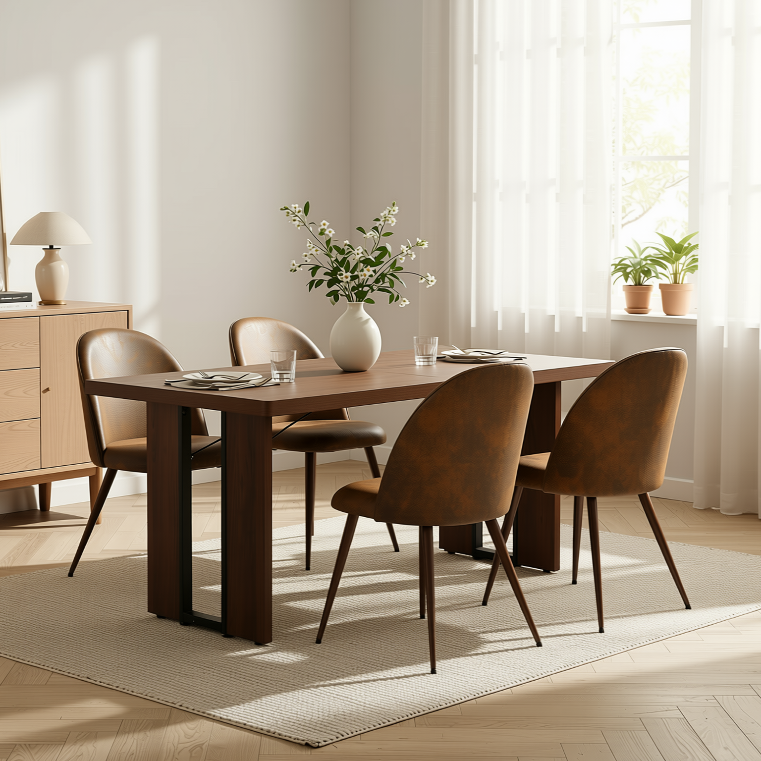 Homy Casa Sorian + Haven 5PC Dining Set 63" Table with 4 Suede Brown Upholstered Chairs Walnut Finish