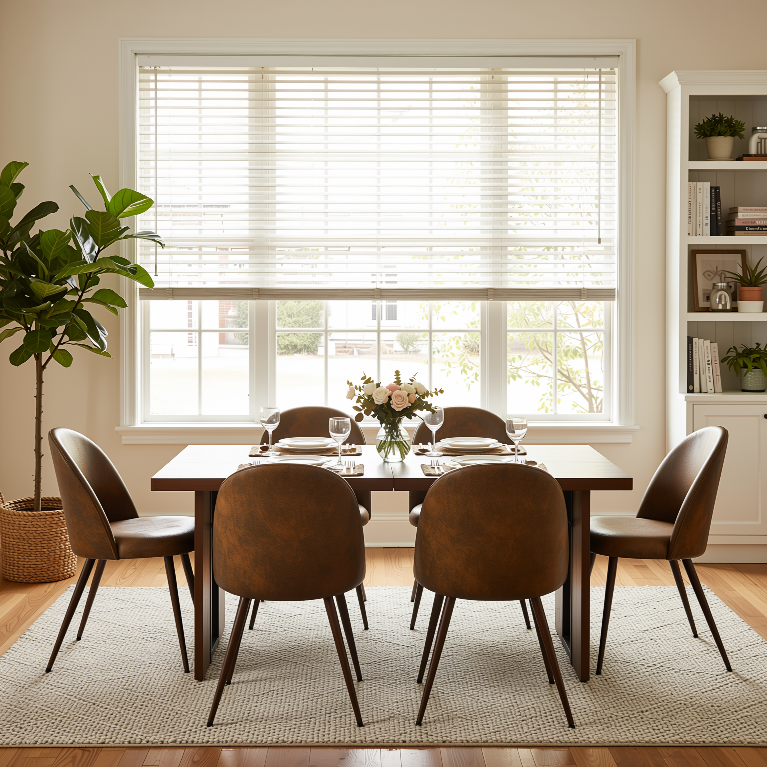Homy Casa Sorian+Haven 7PC Dining Set 63" Table with 6 Suede Brown Upholstered Chairs Walnut Finish