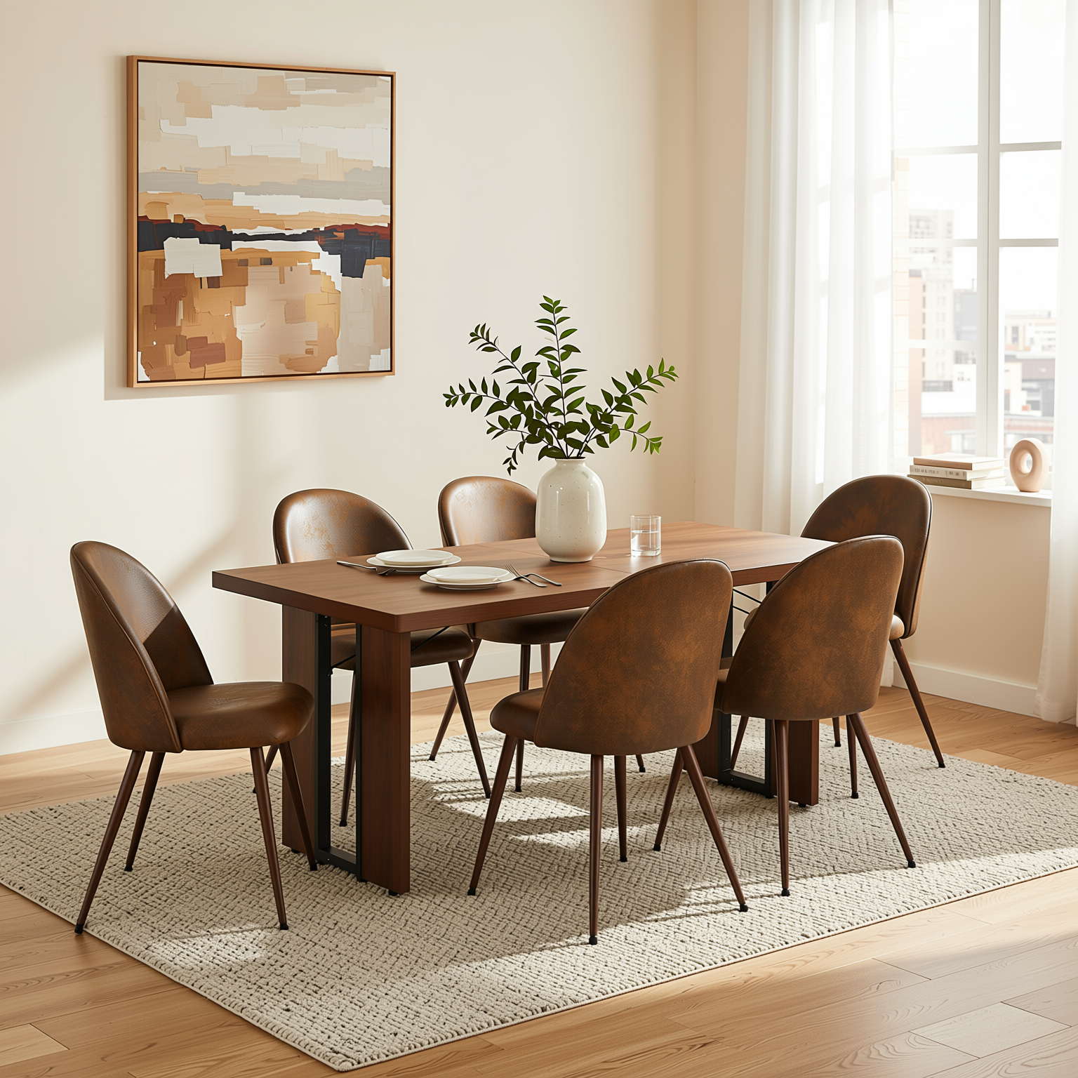 Homy Casa Sorian+Haven 7PC Dining Set 63" Table with 6 Suede Brown Upholstered Chairs Walnut Finish