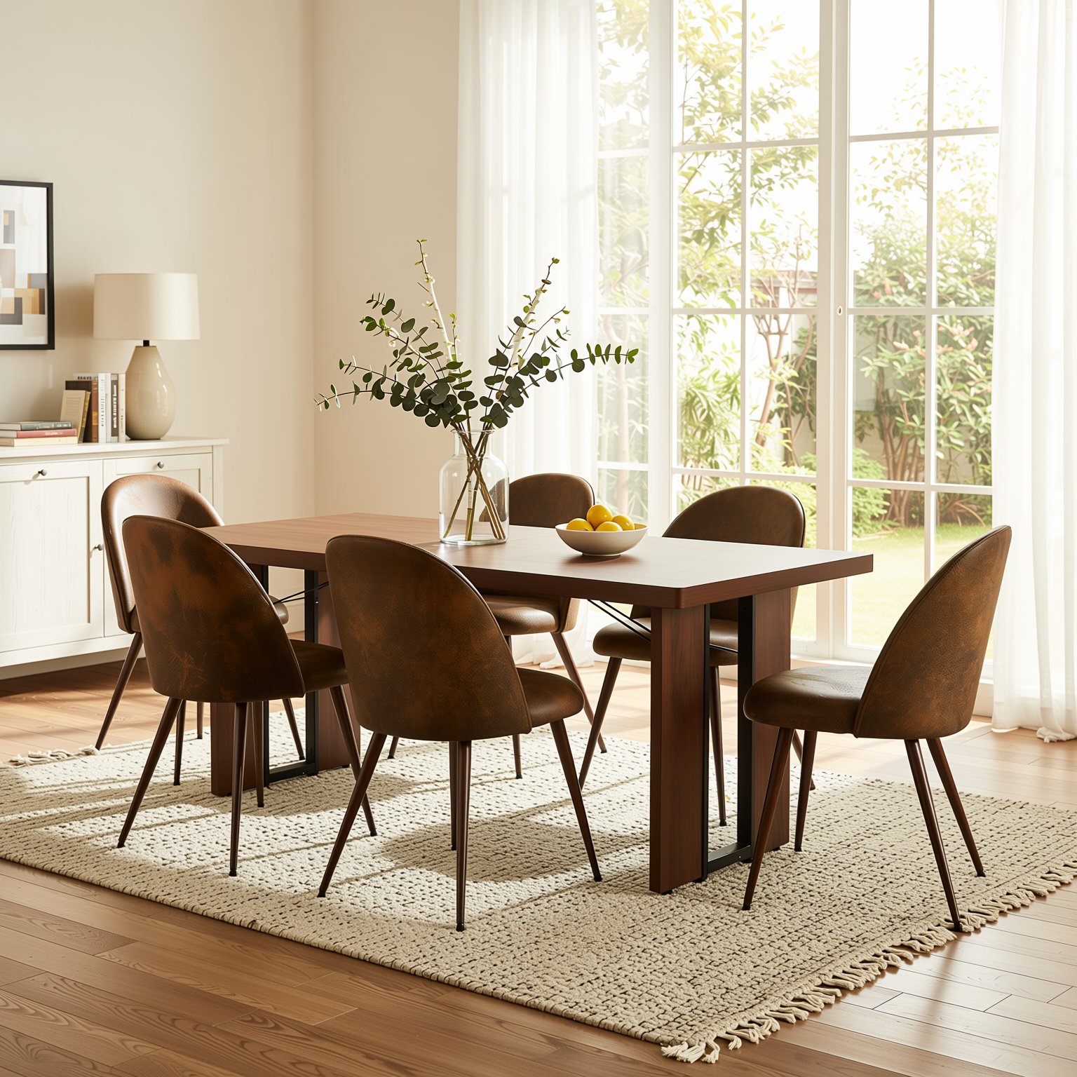 Homy Casa Sorian+Haven 7PC Dining Set 63" Table with 6 Suede Brown Upholstered Chairs Walnut Finish