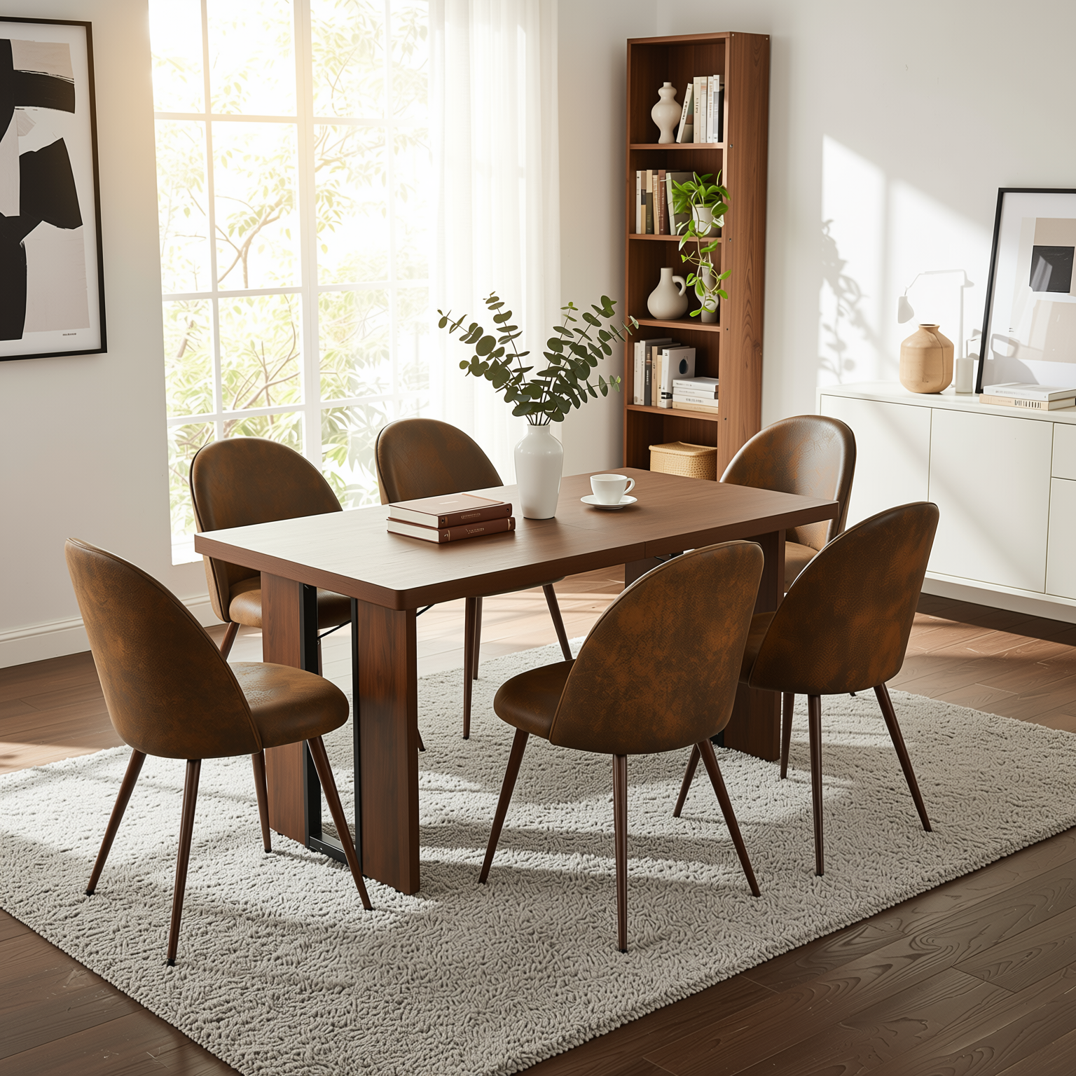 Homy Casa Sorian+Haven 7PC Dining Set 63" Table with 6 Suede Brown Upholstered Chairs Walnut Finish