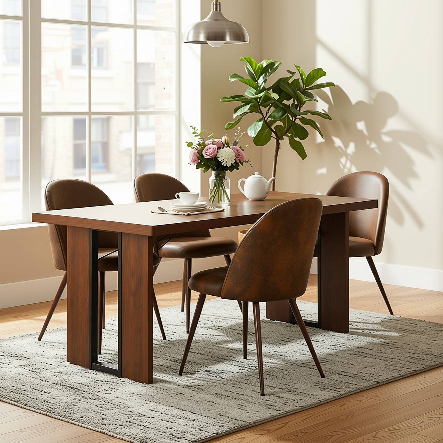 Homy Casa Sorian + Haven 5PC Dining Set 63" Table with 4 Suede Brown Upholstered Chairs Walnut Finish