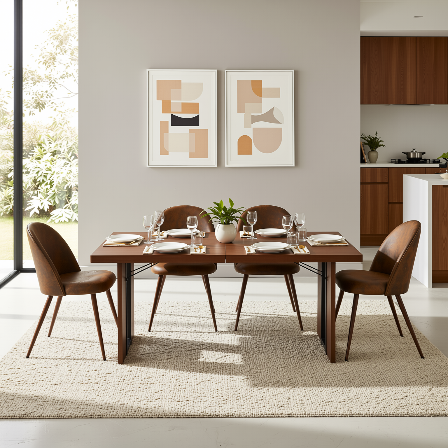 Homy Casa Sorian + Haven 5PC Dining Set 63" Table with 4 Suede Brown Upholstered Chairs Walnut Finish
