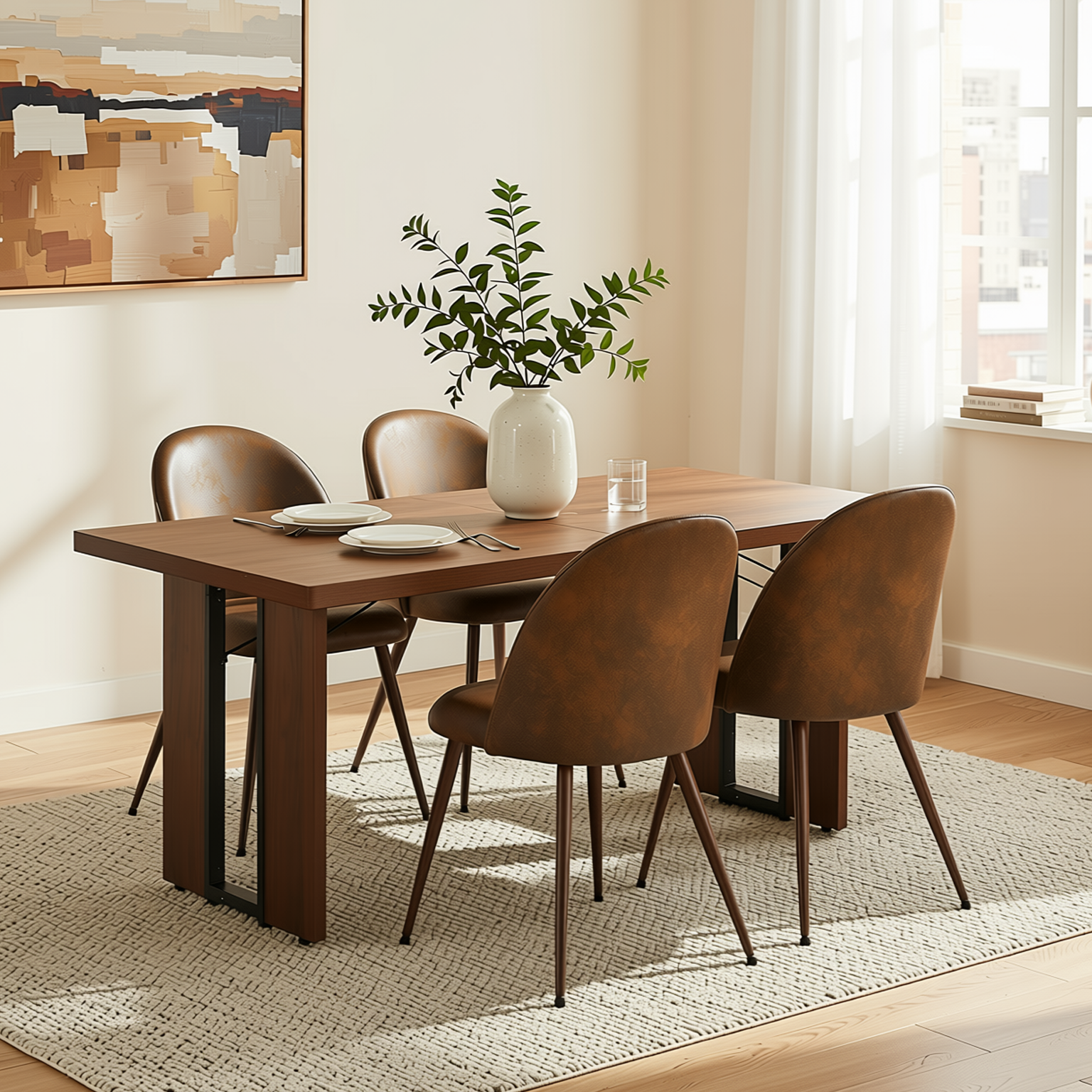 Homy Casa Sorian + Haven 5PC Dining Set 63" Table with 4 Suede Brown Upholstered Chairs Walnut Finish