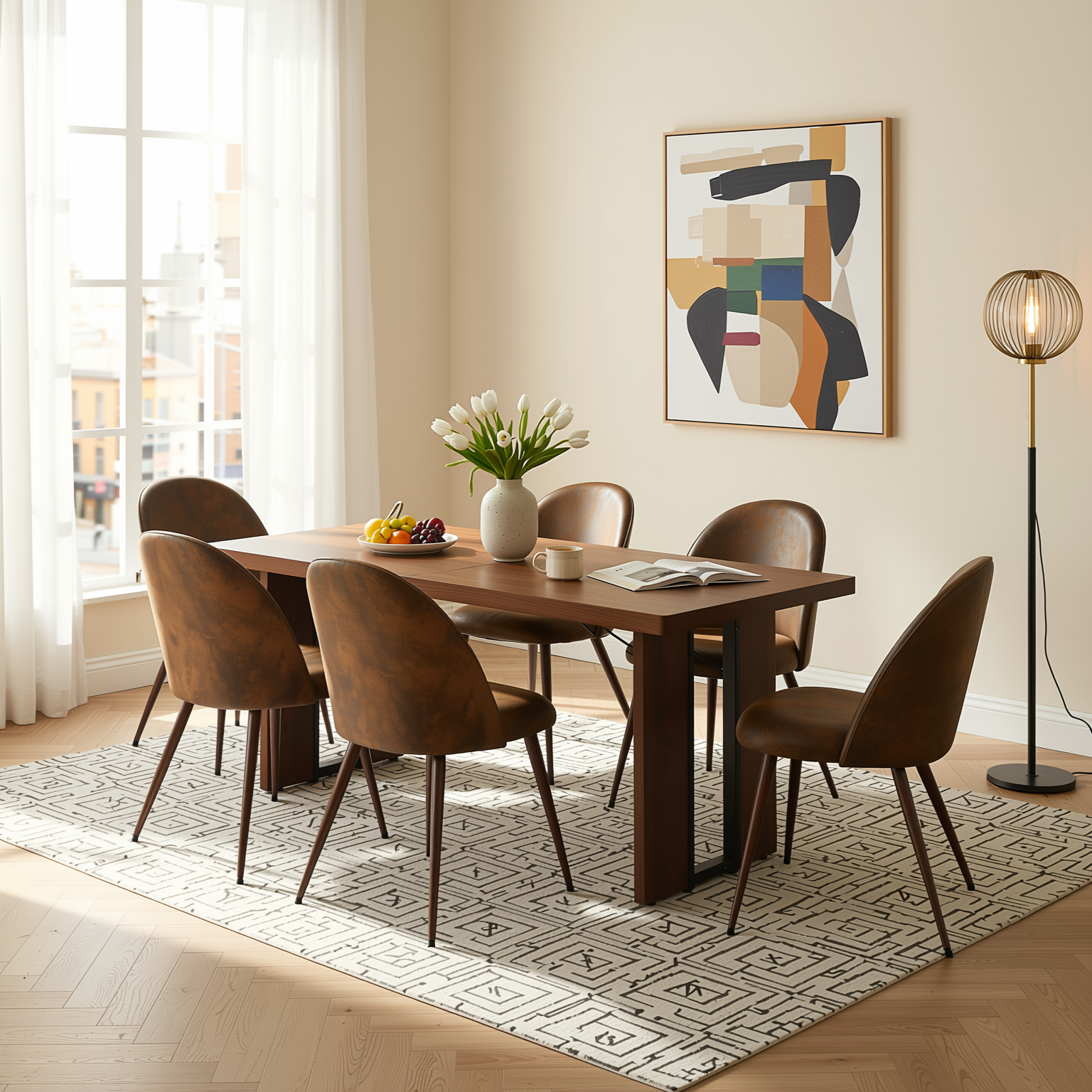 Homy Casa Sorian+Haven 7PC Dining Set 63" Table with 6 Suede Brown Upholstered Chairs Walnut Finish
