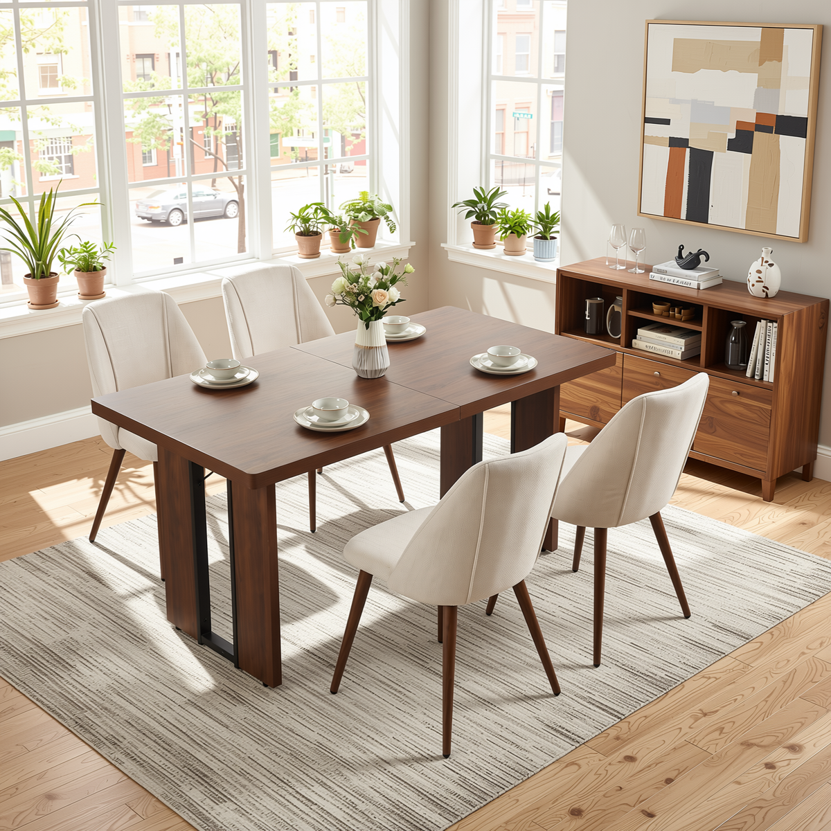Homy Casa SORIAN+KALI 5PC Dining Set 63" Table with 4 Beige Fabric Chairs Walnut Metal Legs