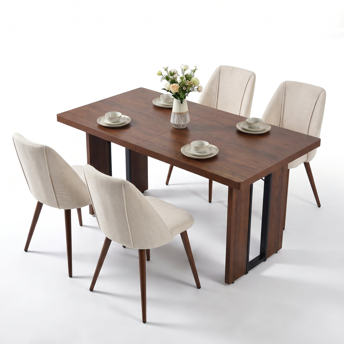 Homy Casa SORIAN+KALI 5PC Dining Set 63" Table with 4 Beige Fabric Chairs Walnut Metal Legs