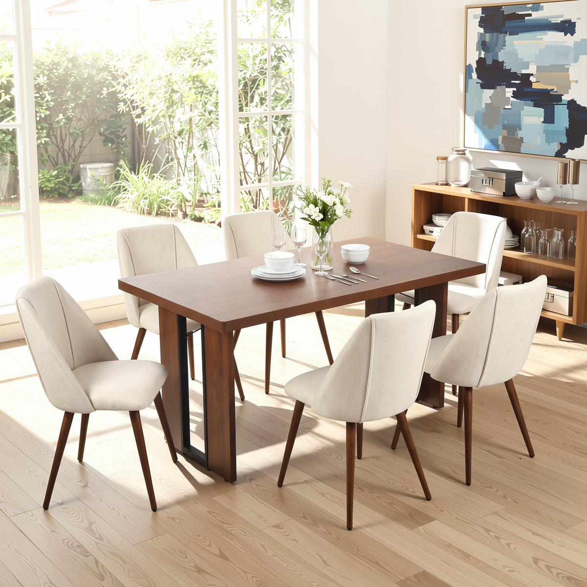 Homy Casa SORIAN+KALI 7PC Dining Set 63" Table with 6 Beige Fabric Chairs Walnut Metal Legs