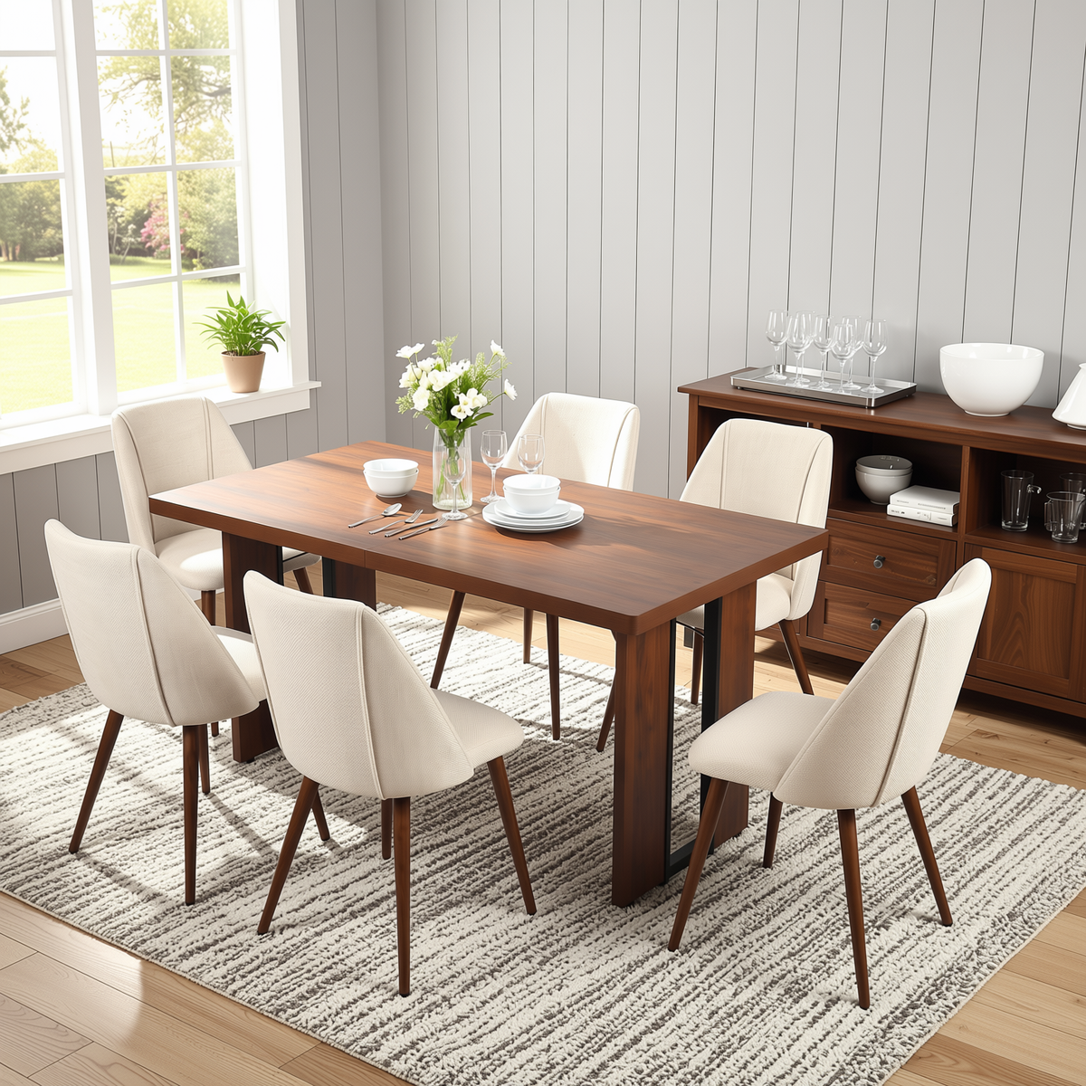 Homy Casa SORIAN+KALI 7PC Dining Set 63" Table with 6 Beige Fabric Chairs Walnut Metal Legs