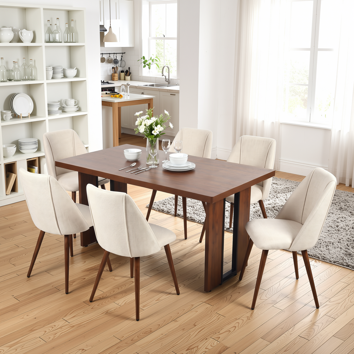 Homy Casa SORIAN+KALI 7PC Dining Set 63" Table with 6 Beige Fabric Chairs Walnut Metal Legs