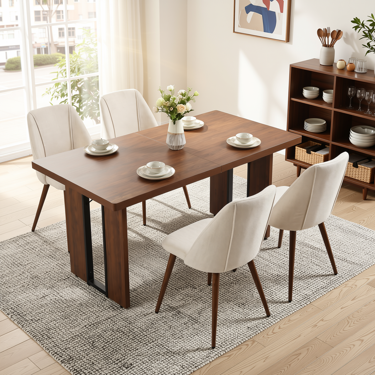 Homy Casa SORIAN+KALI 5PC Dining Set 63" Table with 4 Beige Fabric Chairs Walnut Metal Legs
