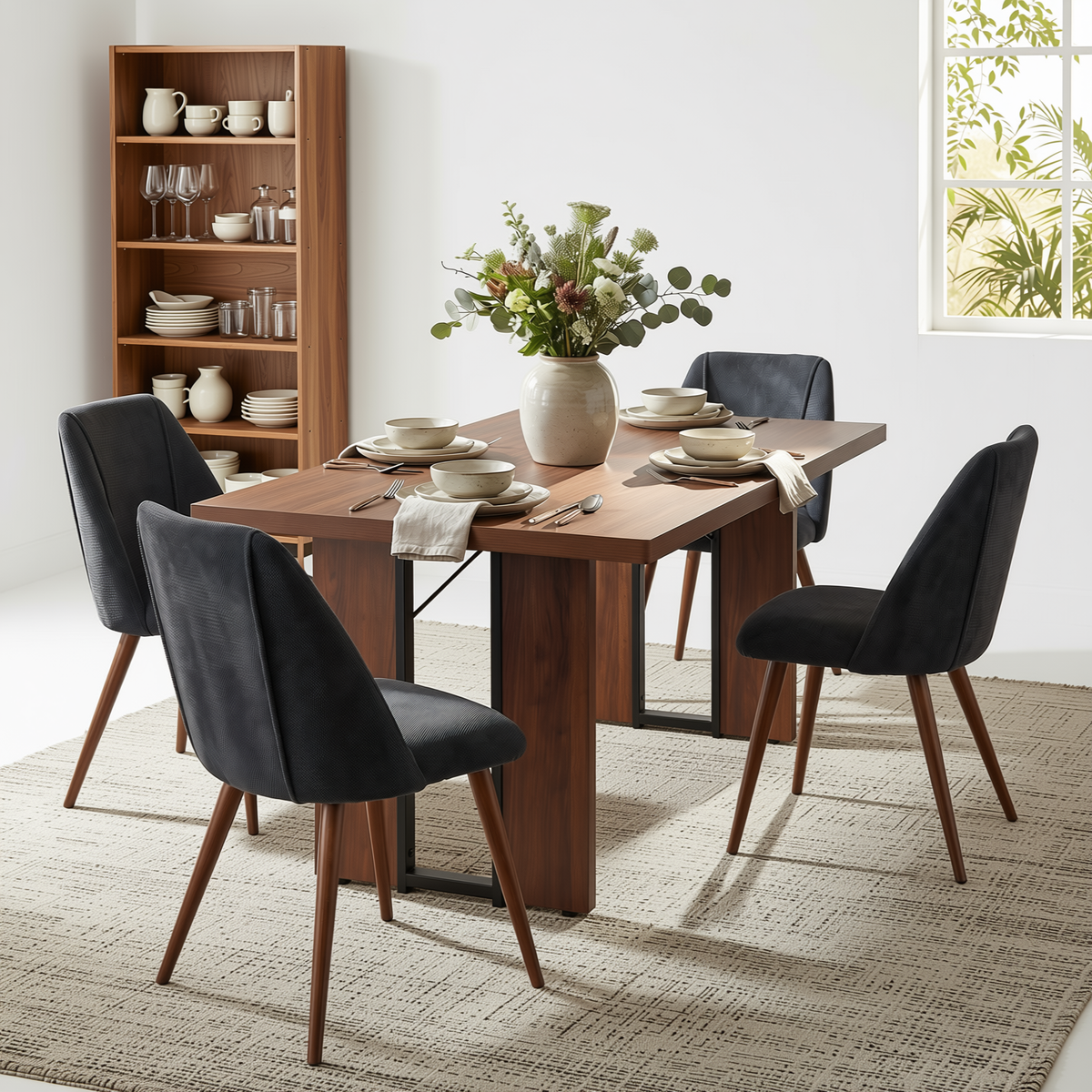 Homy Casa SORIAN+KALI 5PC Dining Set 63” Table with 4 Charcoal Fabric Chairs Walnut Finish