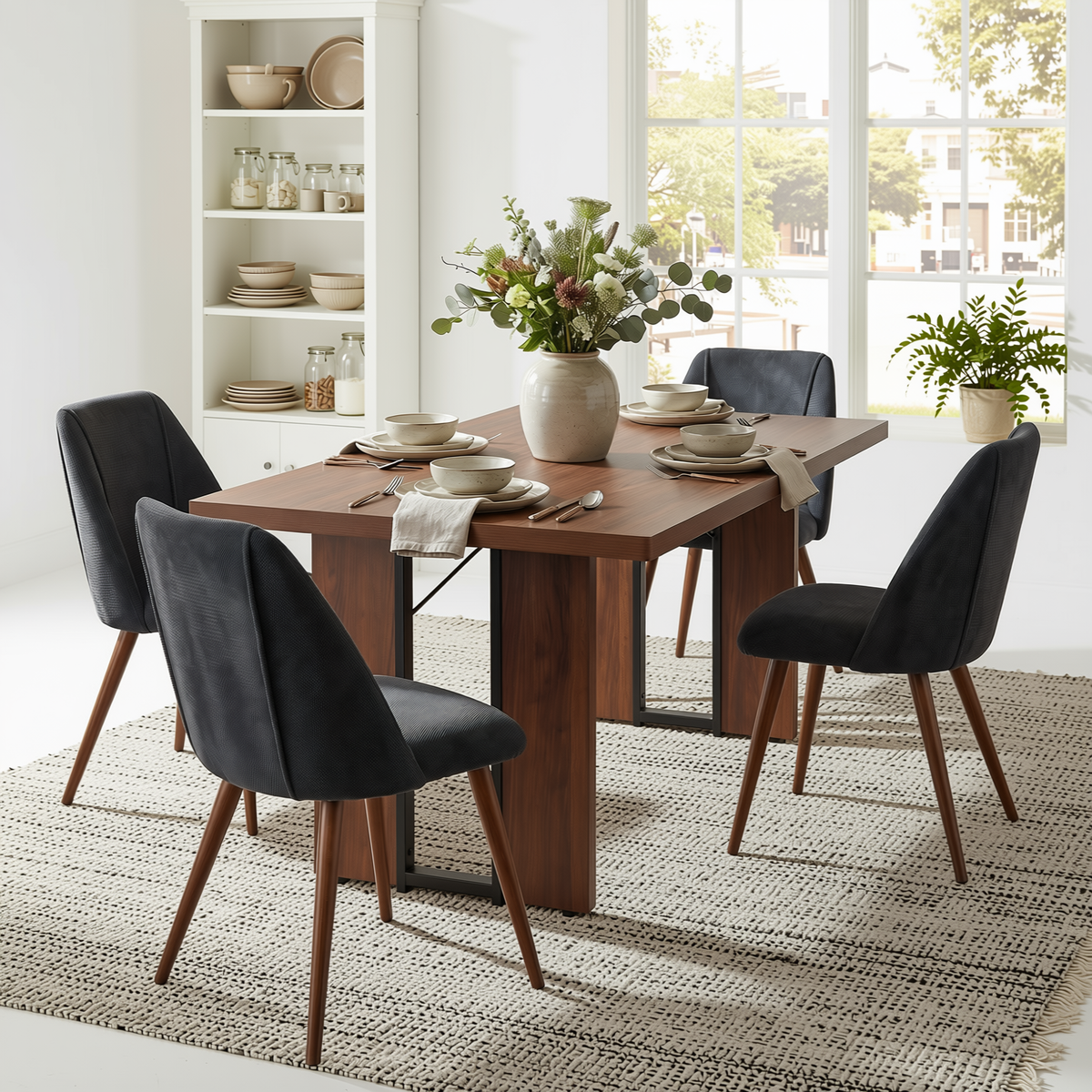 Homy Casa SORIAN+KALI 5PC Dining Set 63” Table with 4 Charcoal Fabric Chairs Walnut Finish