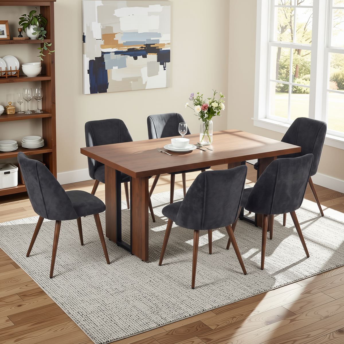 Homy Casa SORIAN+KALI 7PC Dining Set 63" Table with 6 Charcoal Fabric Walnut Leg Chairs