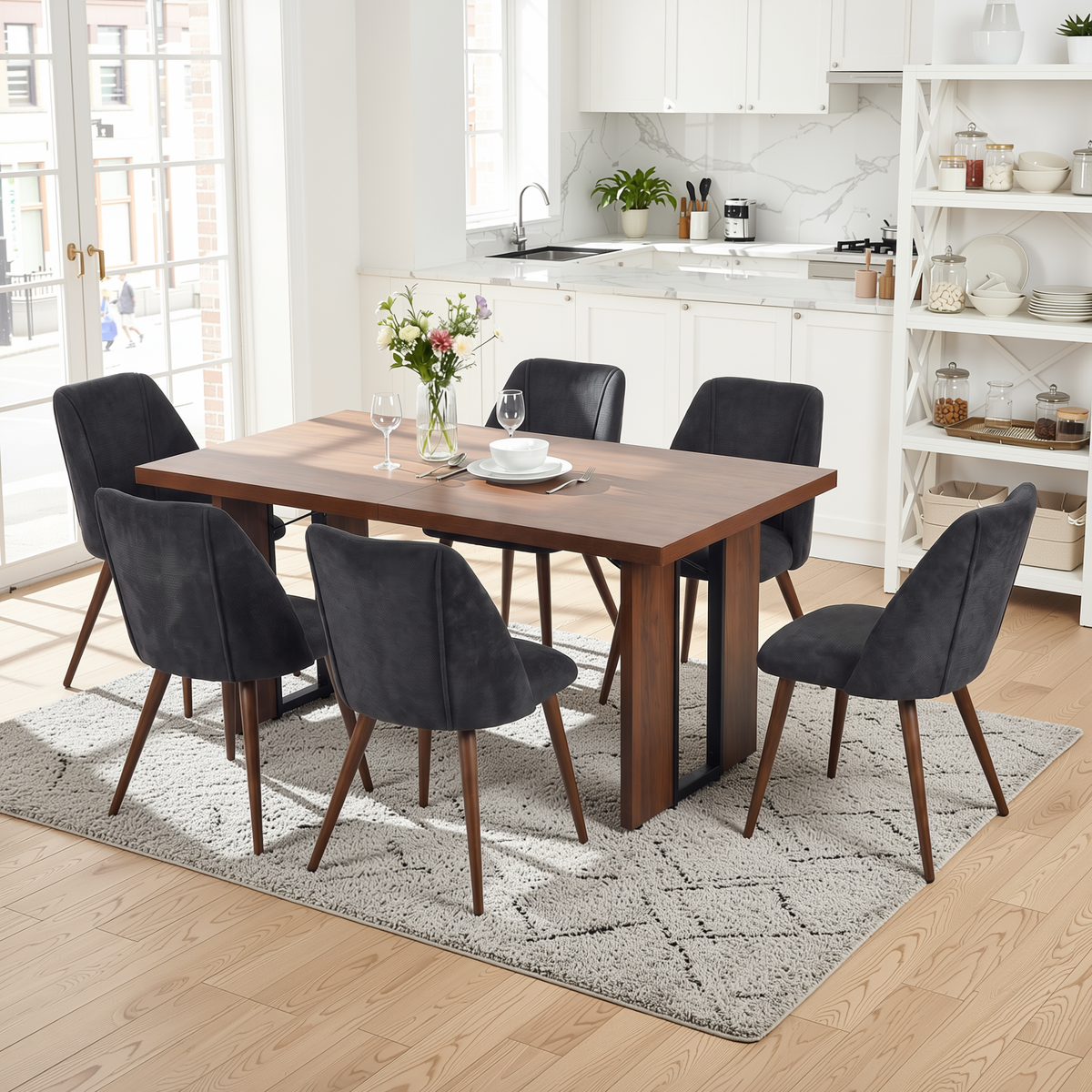 Homy Casa SORIAN+KALI 7PC Dining Set 63" Table with 6 Charcoal Fabric Walnut Leg Chairs