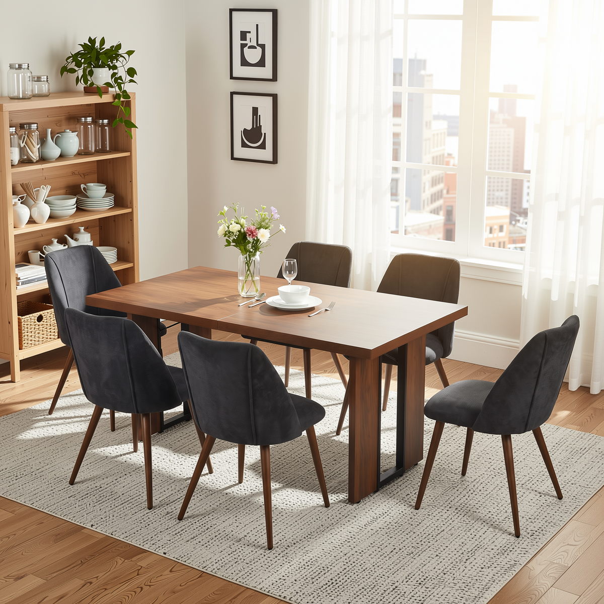 Homy Casa SORIAN+KALI 7PC Dining Set 63" Table with 6 Charcoal Fabric Walnut Leg Chairs